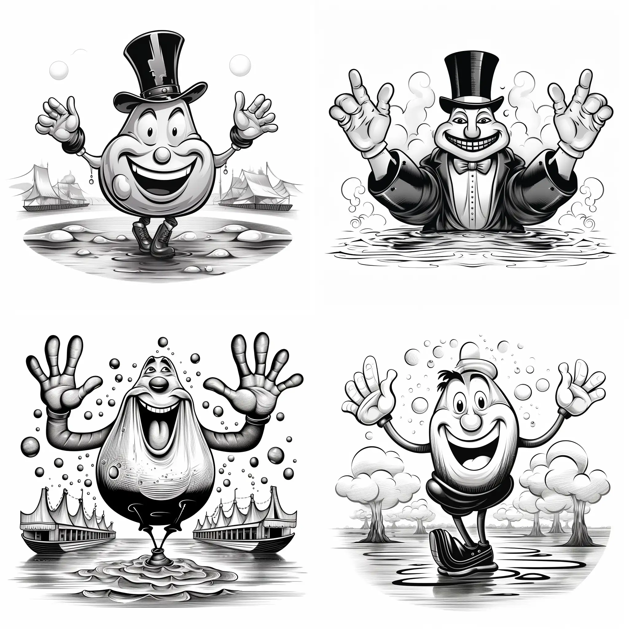 Illustration in the style of steam boat Willie, anthropomorphic water droplet walking with hands and feet happy, black and white