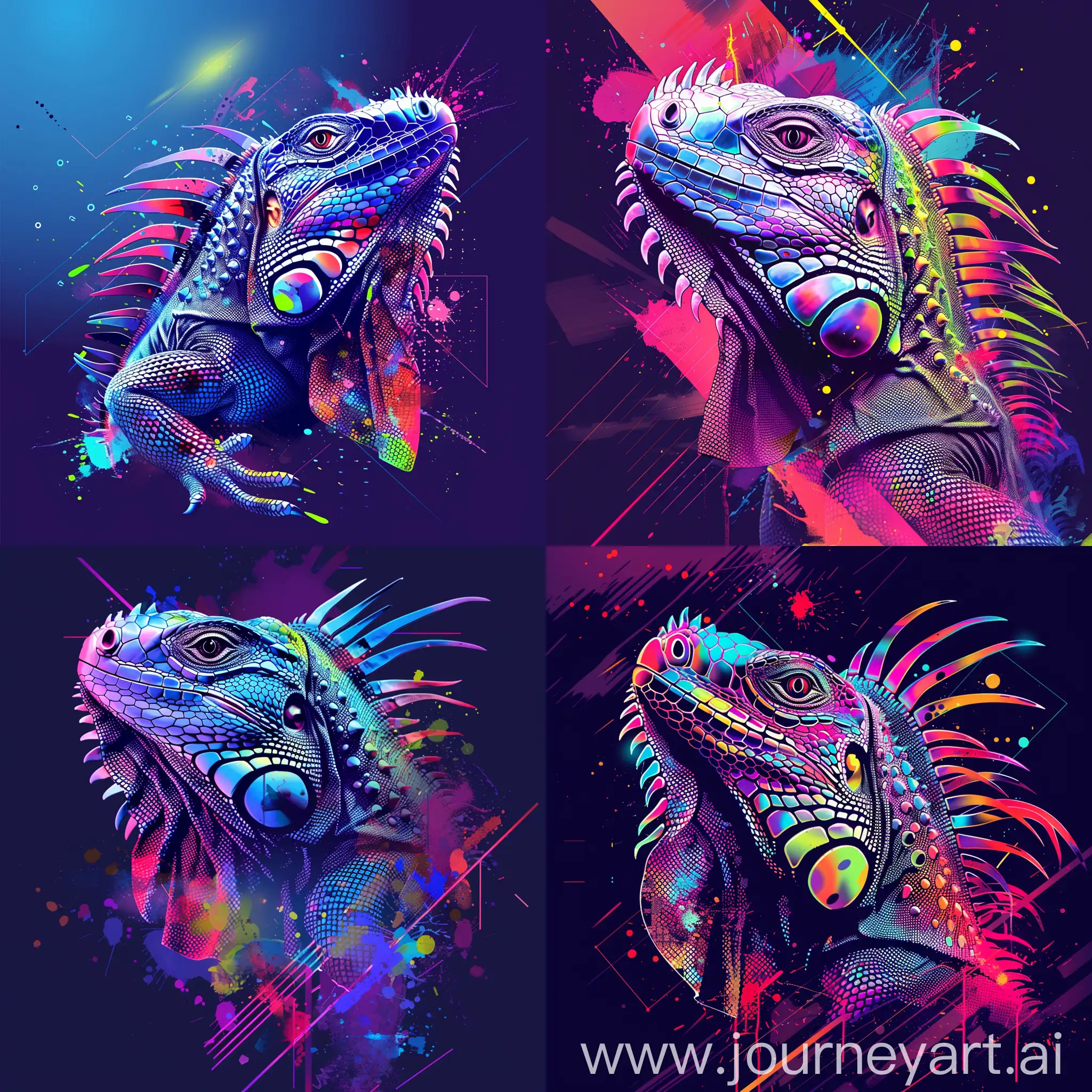 illustration of iguana's head in abstract digital art, created with a mix of geometric shapes and splashes of paint, in bright neon colors, high quality details