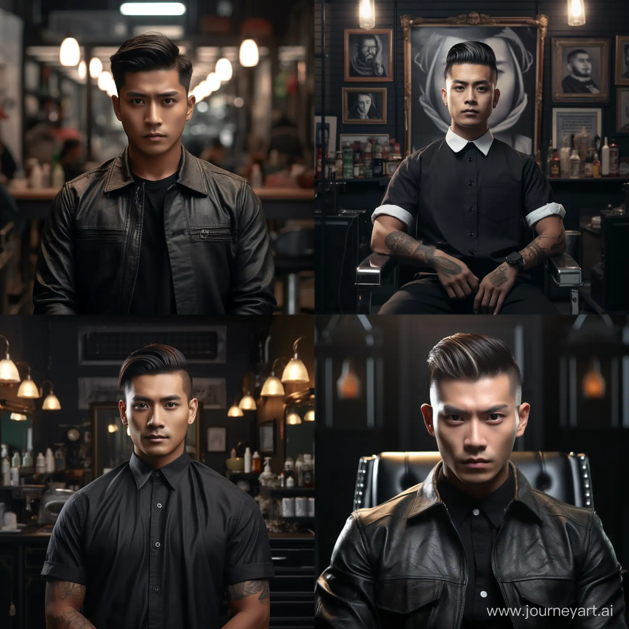 An goodlooking handsome indonesian cool barber man at the barbershop, front view, hyperrealistic, at barbershop situation, nice man hair style, studio lighting