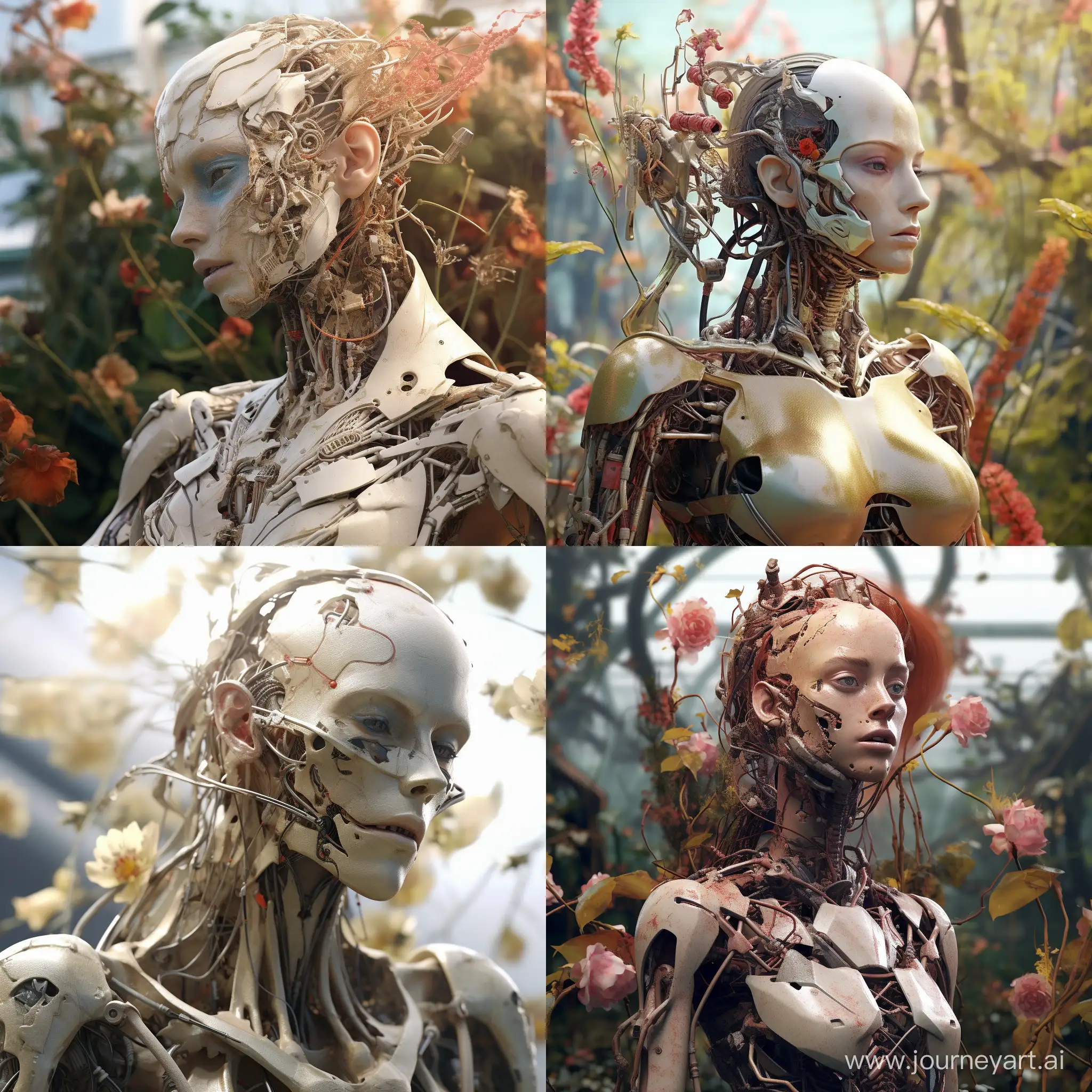  gorgeous botanical cyborg in dry flowers,biomechanical ((cyborg:1.3))automata, android, bokah diadem, damaged suit, dameged head, cracked glass, scratche screen,damned lands,yule heaven,biomechanical cyborg, 8k resoultion, cinematic style digital art render with mechanical and futuristic details, Sci-Fi, hyper realistic ,biomachanical cyborg, post apocalyptic, damaged, surreal,surreal, withered nature, withered plants and leaves , dried , sunset,blurred environment background, portrait, digital art, concept art, post processed, dynamic lighting, (painted by bochen and wlop, stylized by nixeu and greg rutkowski), trend on pixiv, perfect composition, cinematic, majestic, detailed, sharp details, sharp focus, perfect anatomy, shiny, masterpiece, award-winning photography, fine-tuning face, masterpiece, 