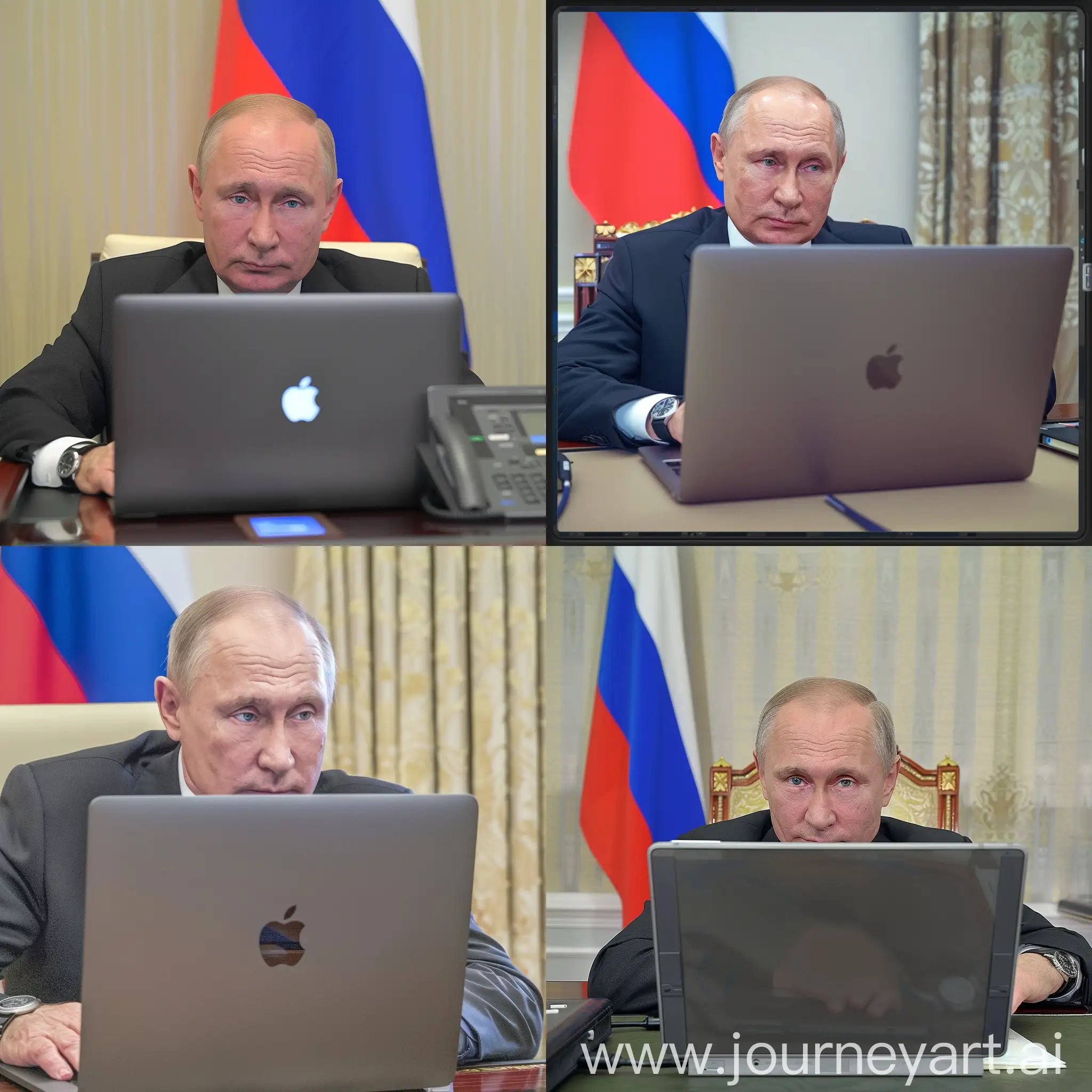 Владимир Путин, сидит за macbook, задний фон кабинет президента, флаг России, HDR, крупный план, детализация