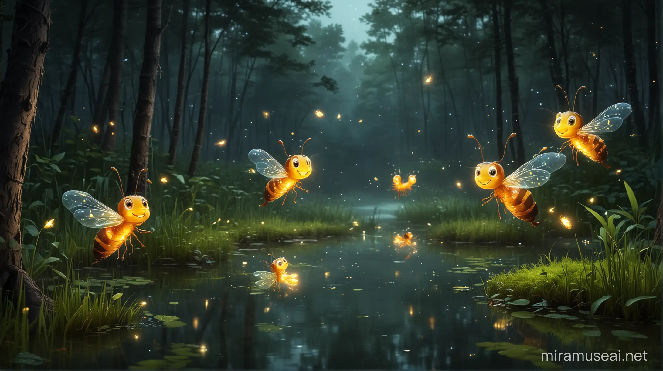 Joyful Fireflies Dancing over Forest Pond