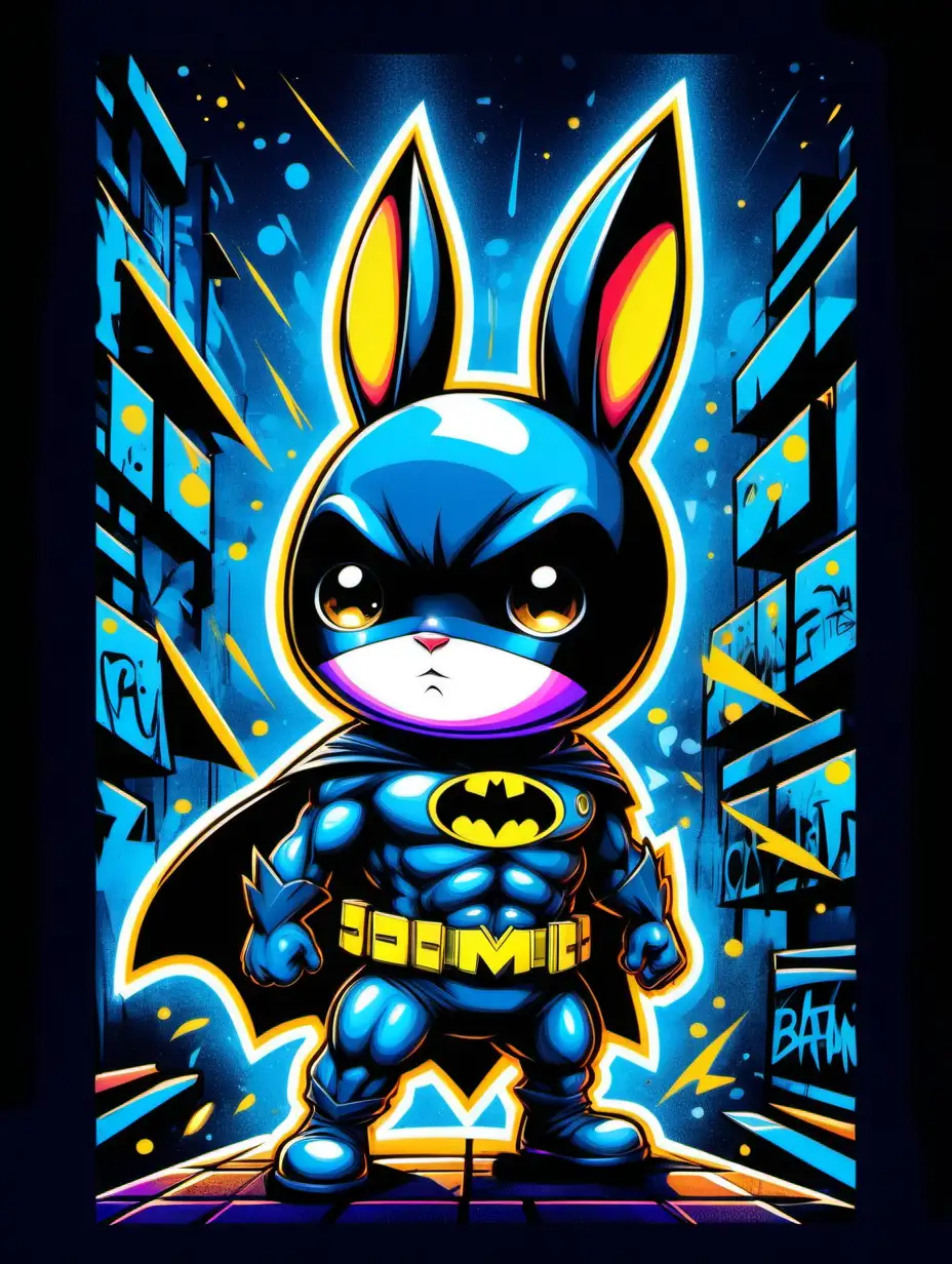 2d poster style, old style poster drawing, hight contrast, flat pop art style drawing of a triangle-shaped composition featuring a little naugty cute bunny daredevil, dressed like batman, glowing. Anime, chibi style. Big head, small body, big eyes. Cute face. The background is filled with graffiti elements, incorporating vibrant electric blue, yellow  and a very little of other colors, various shapes, and dynamic lights. Mostly blue tones. The overall image should be lively, colorful, and reflective of contemporary youth culture, embodying the energetic spirit of pop art. Drawing must be in 2d flat style, popart. 