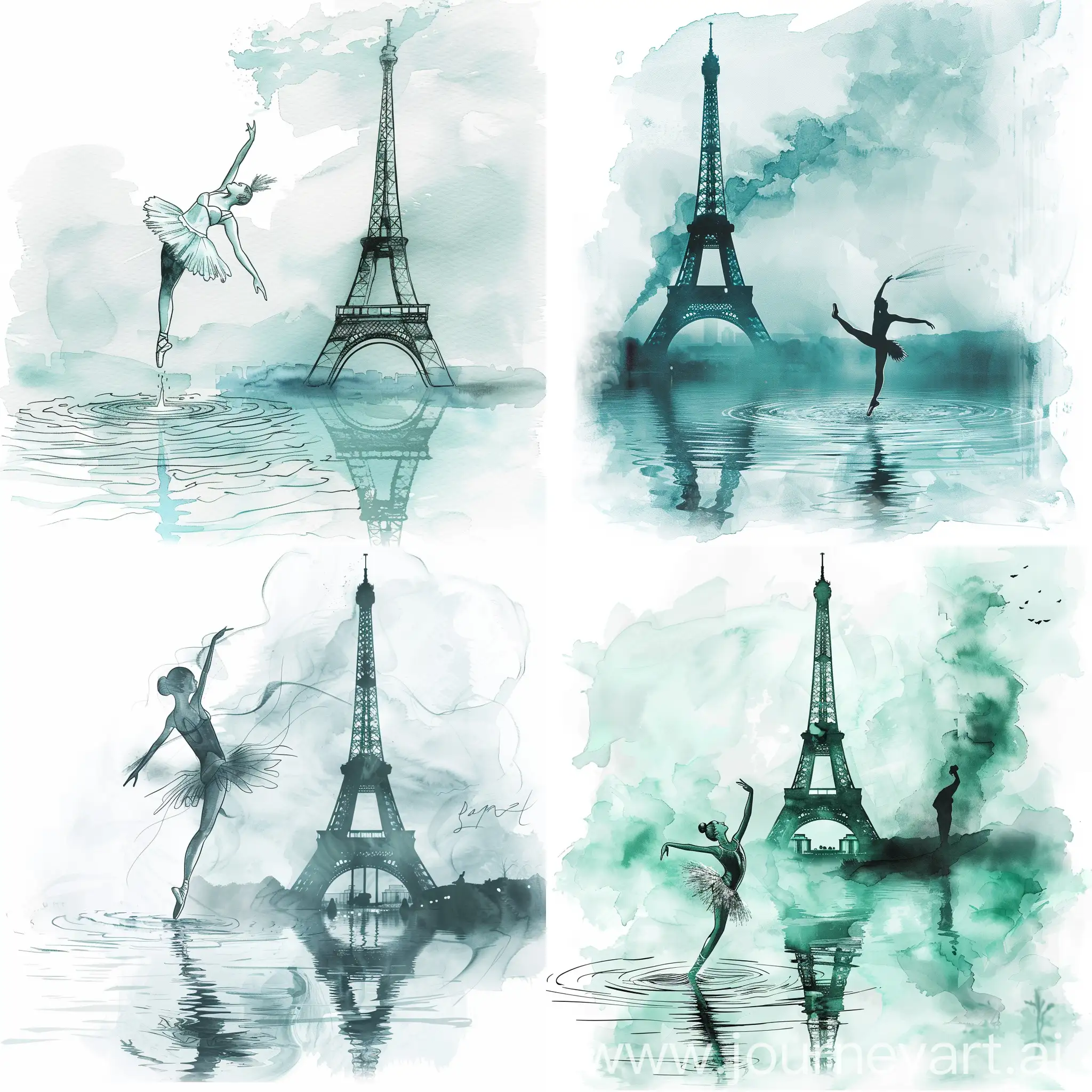 watercolor illustrations of a ballerina dancing on water, next to the Eiffel tower, smokey background, expressive style, soft lines, relatable personality, energy-filled illustrations