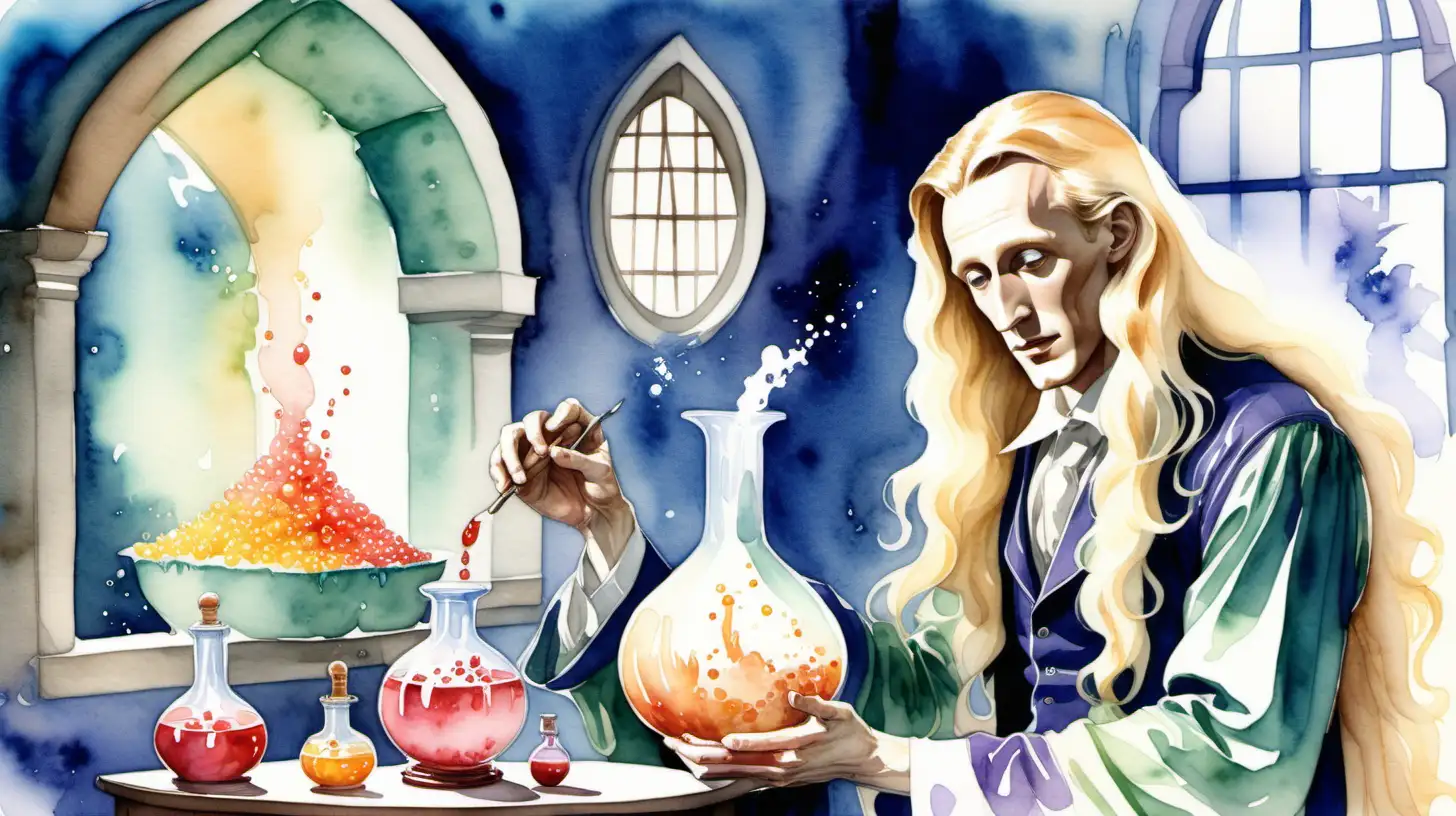 A  watercolour fairytale style. Blond Leslie Howard with long hair and pointed ears is making a magical potion. Jelly 