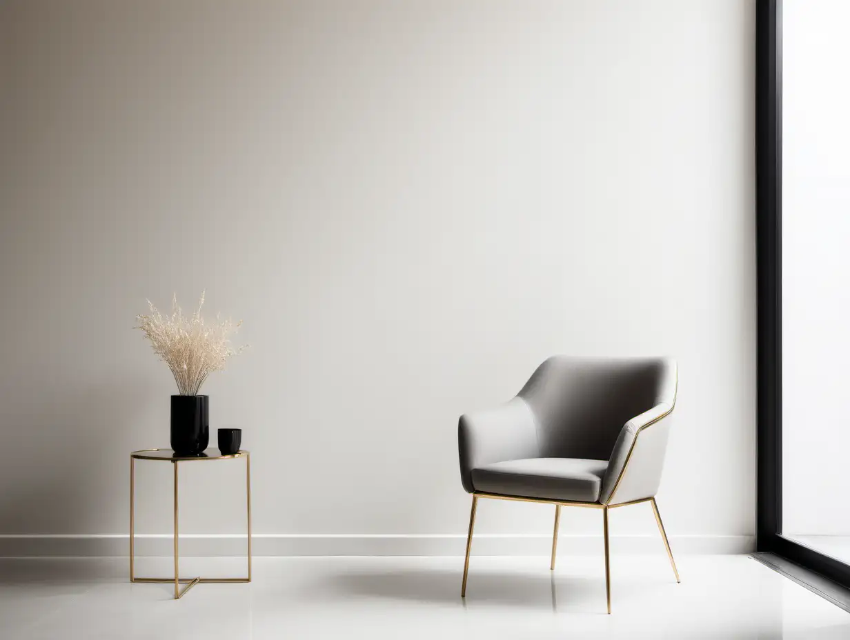 Commercial Photography, modern minimalist interior with cream white wall, grey chair and golden