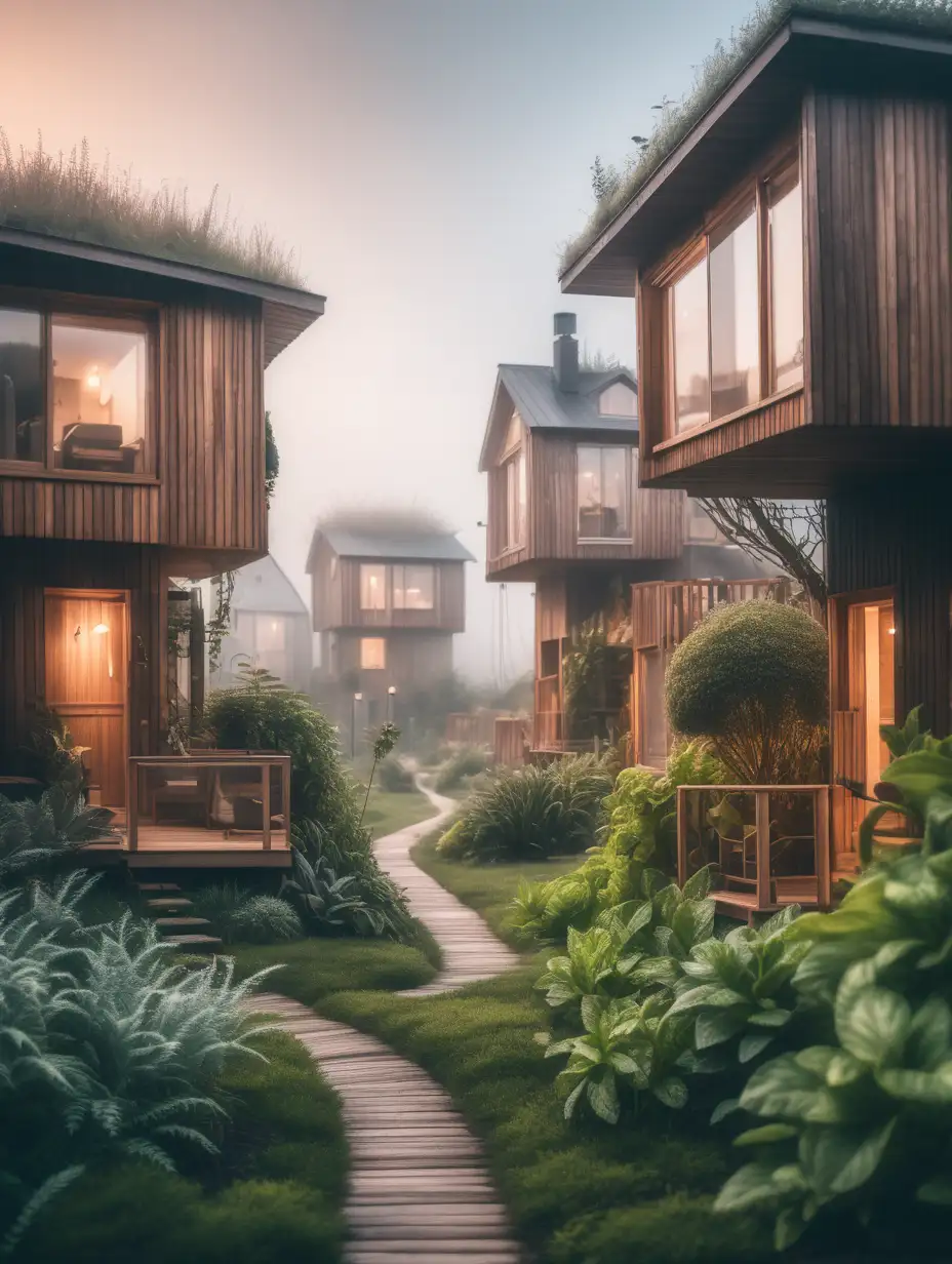 foto di un paesaggio cittadino con case di legno e case futuristiche con luce soffusa ed atmosfera fantastica, molta vegetazione e piante rampicanti sulle case leggera nebbia e profondita di campo, sfondo sfocato