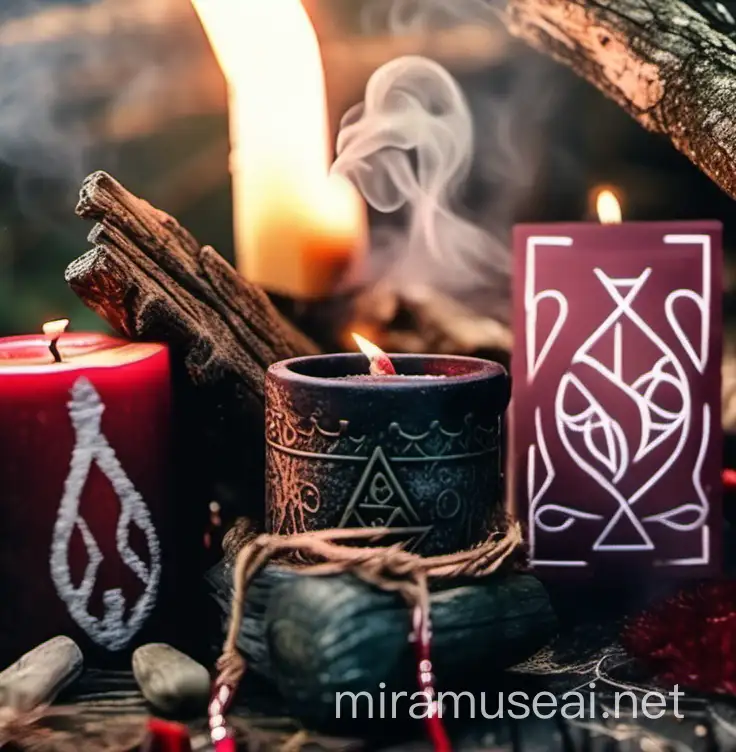 magic red candle burns altar runes tarot cards apple smoke in the forest