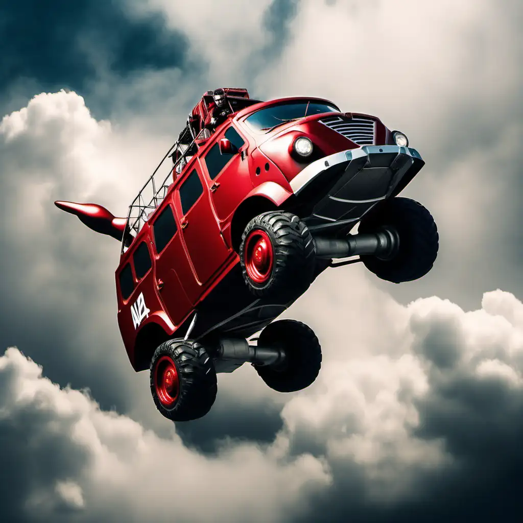 летящий в облаках  УАЗ-452 в стиле
косюма железный человек Marvel