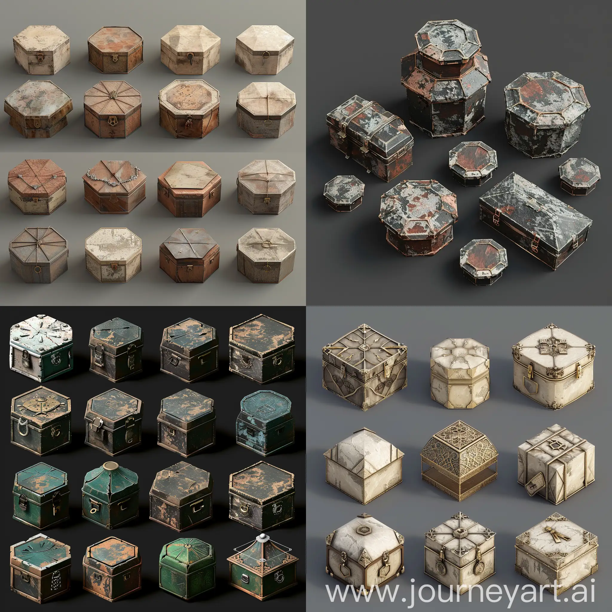 realistic photo of isometric set of worn pentagon jewelry boxes in style of unreal engine 5 3d asset, isometric set, side view --chaos 10