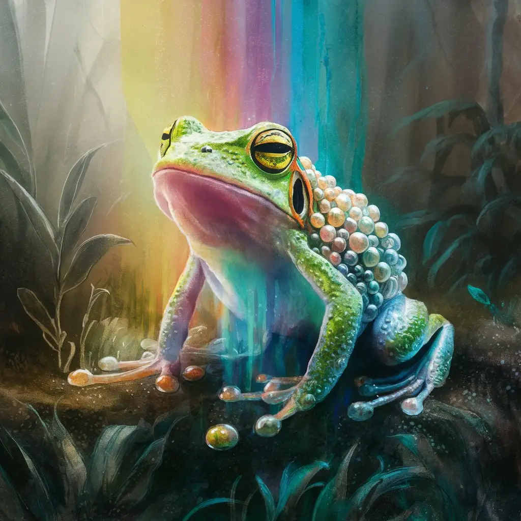 Ink art style, a frog in the jungle, subtle color cascade, bubble pattern, painterly style, watercolors
