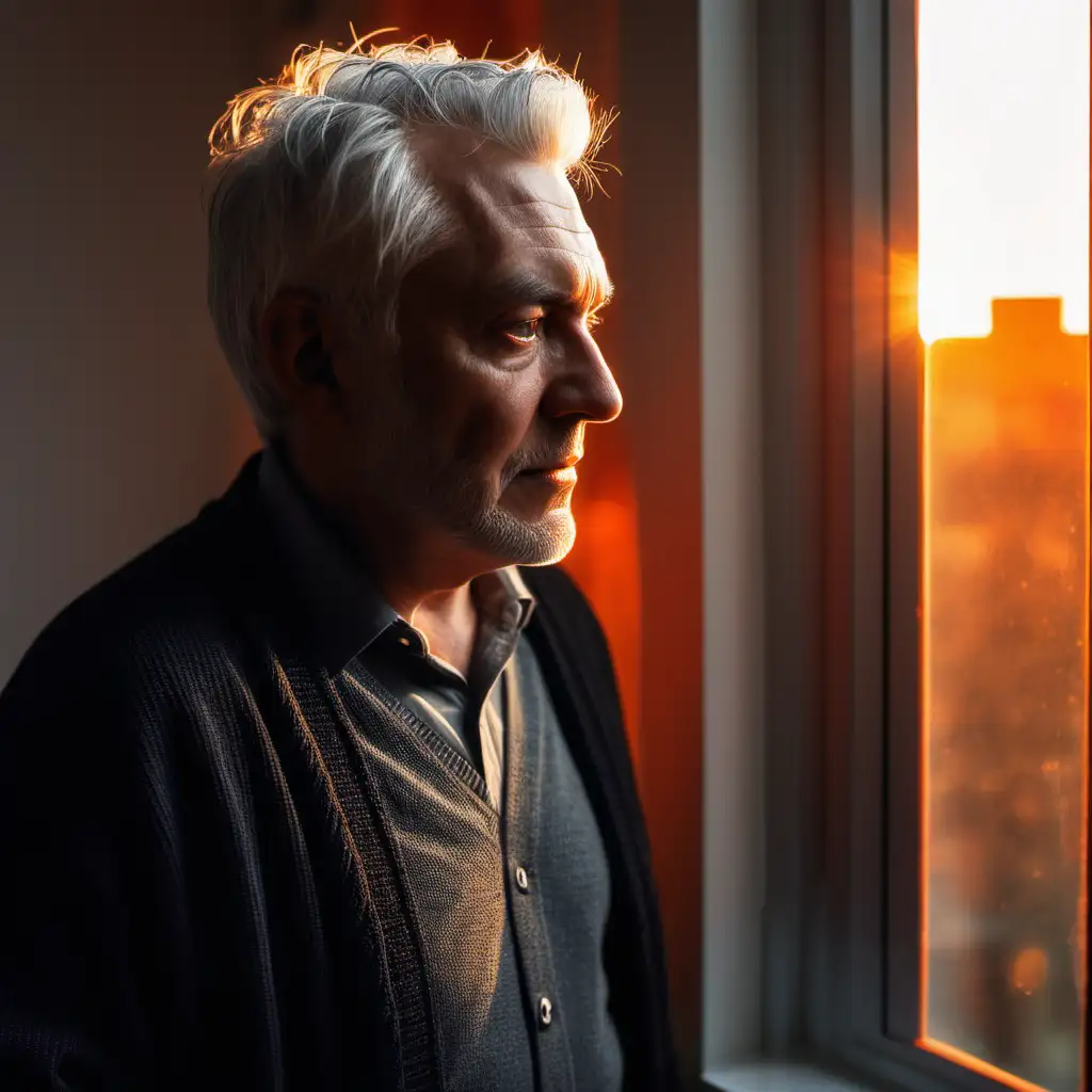 Man with grey hair, black cardigan, looking outside the window, orange light shining from the room