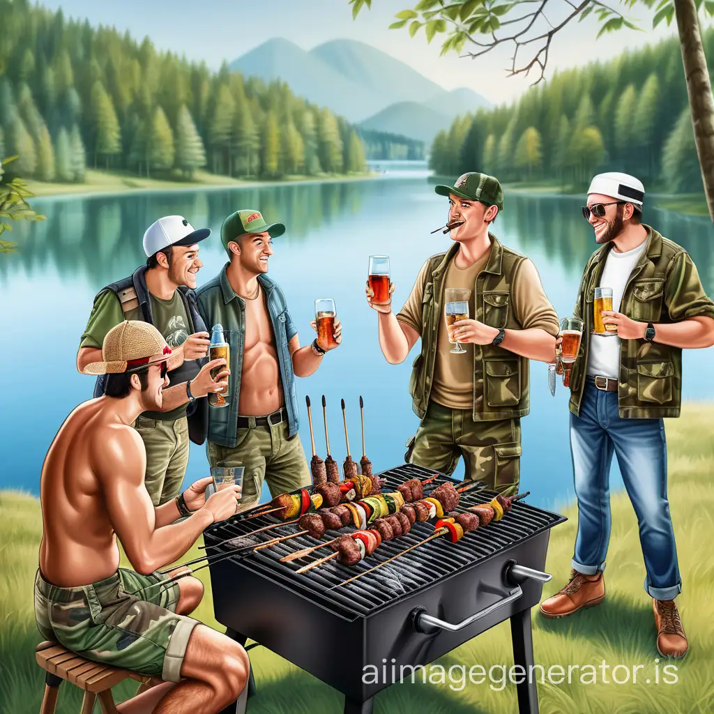 Camouflaged-Men-Enjoying-BBQ-and-Drinks-in-Nature