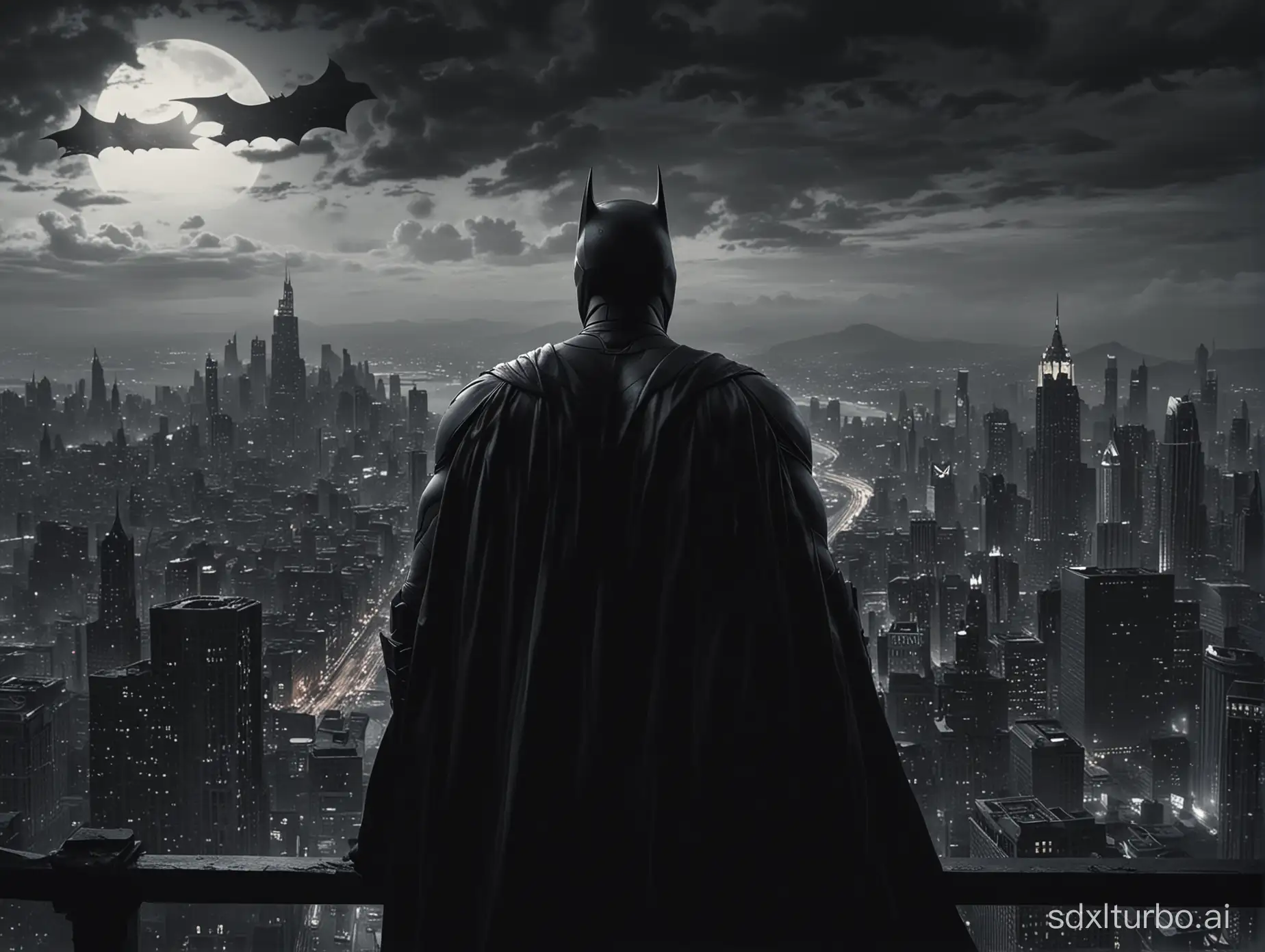 batman gazing gotham city, from high point, dramatic, moody, cinematic
