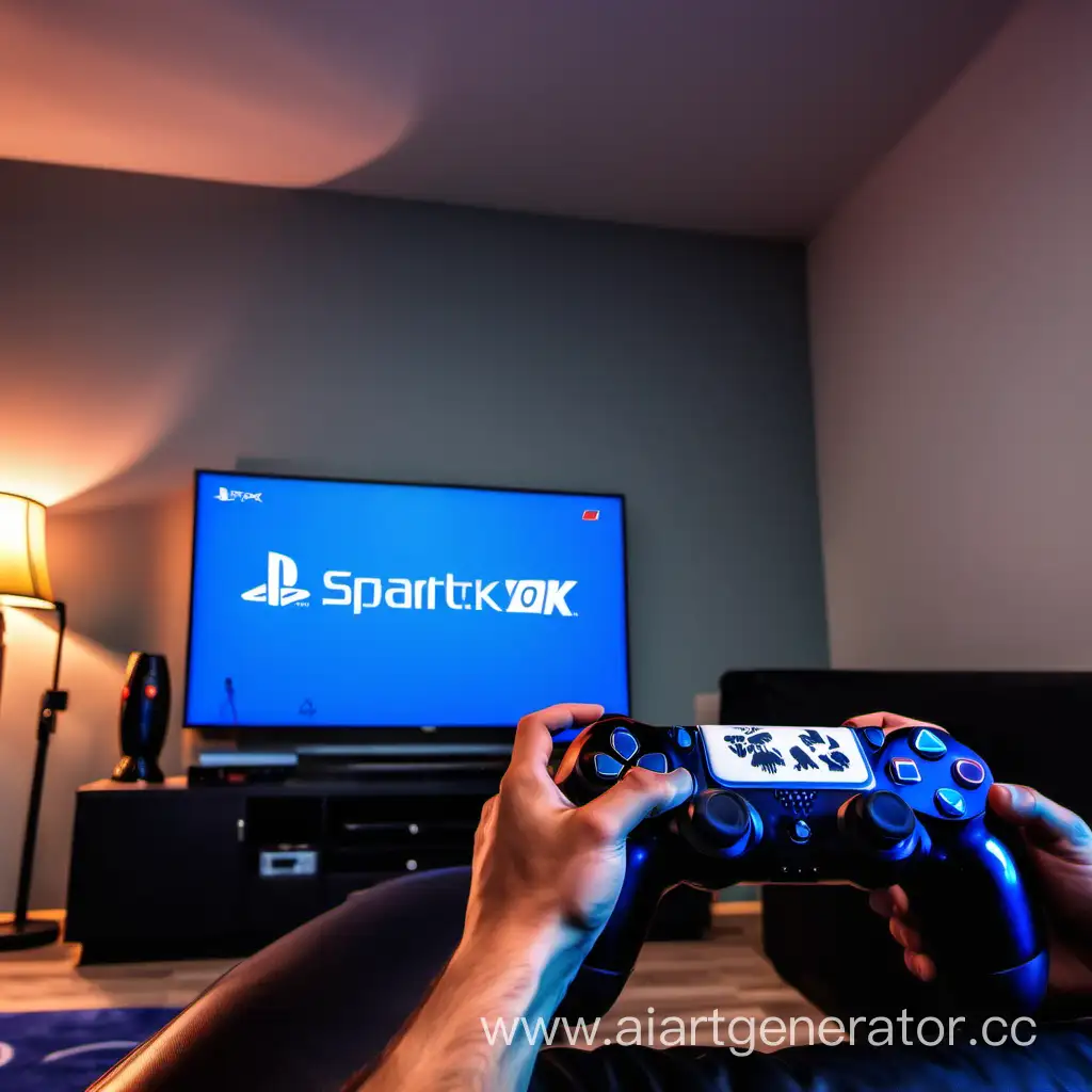 Room with a big TV, with a PS4 console, hands with a joystick, Spartak sticker on the joystick