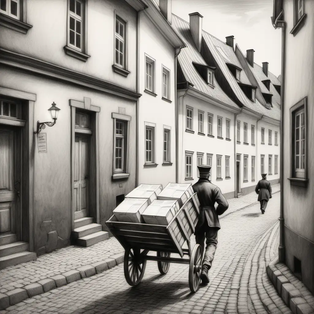 a mailman with cap pushes a mail cart along a cobbled street, 19 century Latvia old town 18 century houses, black and white reaistic charcoal drawing in the style of arthur keller  