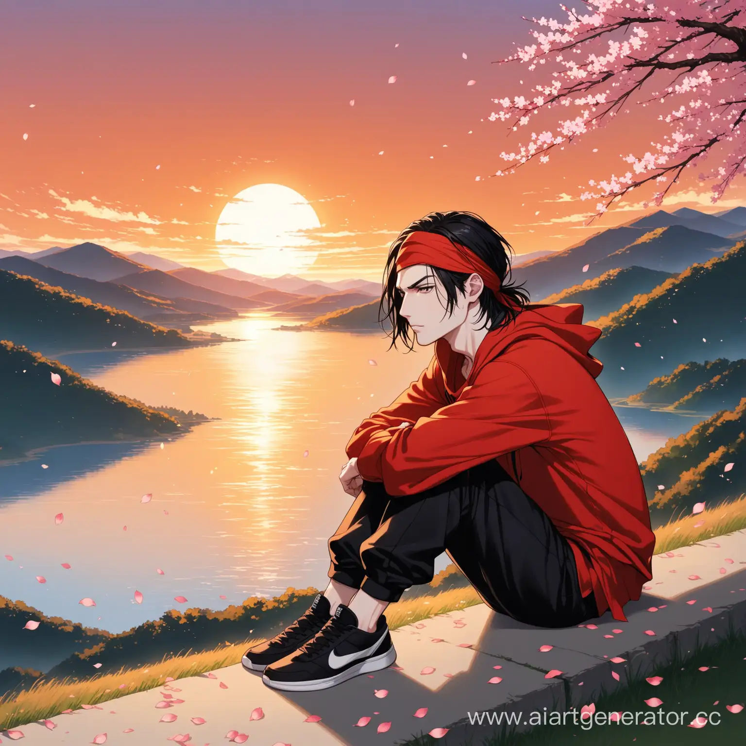 Pale-Young-Man-with-Red-Hoodie-and-Bandana-Sitting-by-Lake-at-Sunset