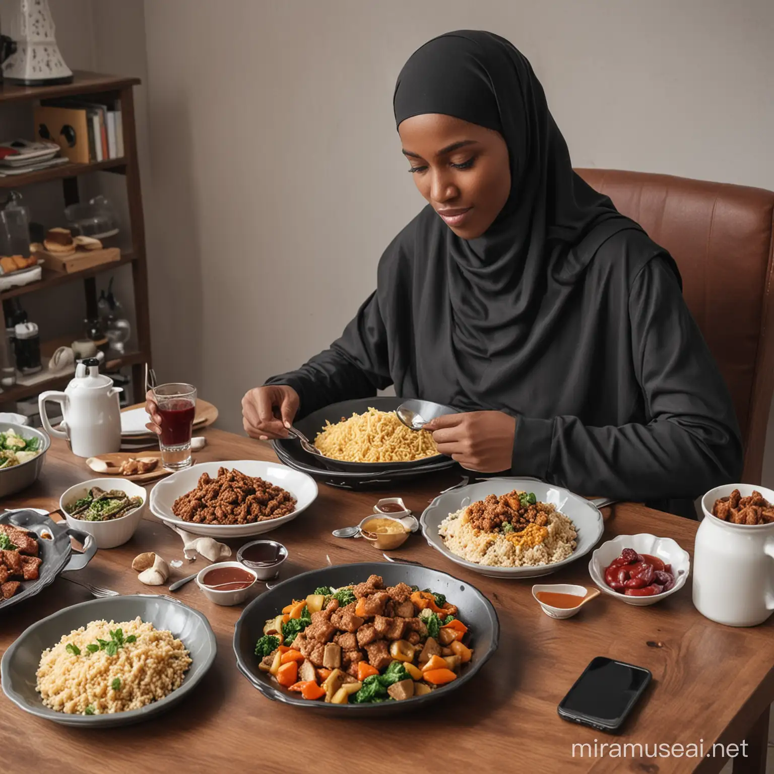 BLACK MUSLIM EATING MEAL, WITH GADGETS ON THE TABLE
