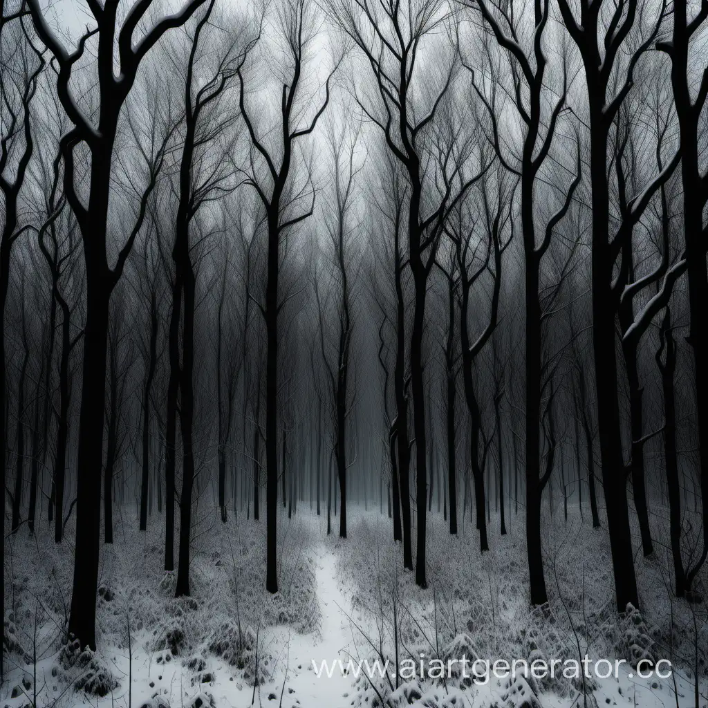 Снежный, густой и мертвый лес во тьме, голые деревья, силуэт между деревьев похожий на белого человека но без лица, силуэт плохо видно, все в сером стиле