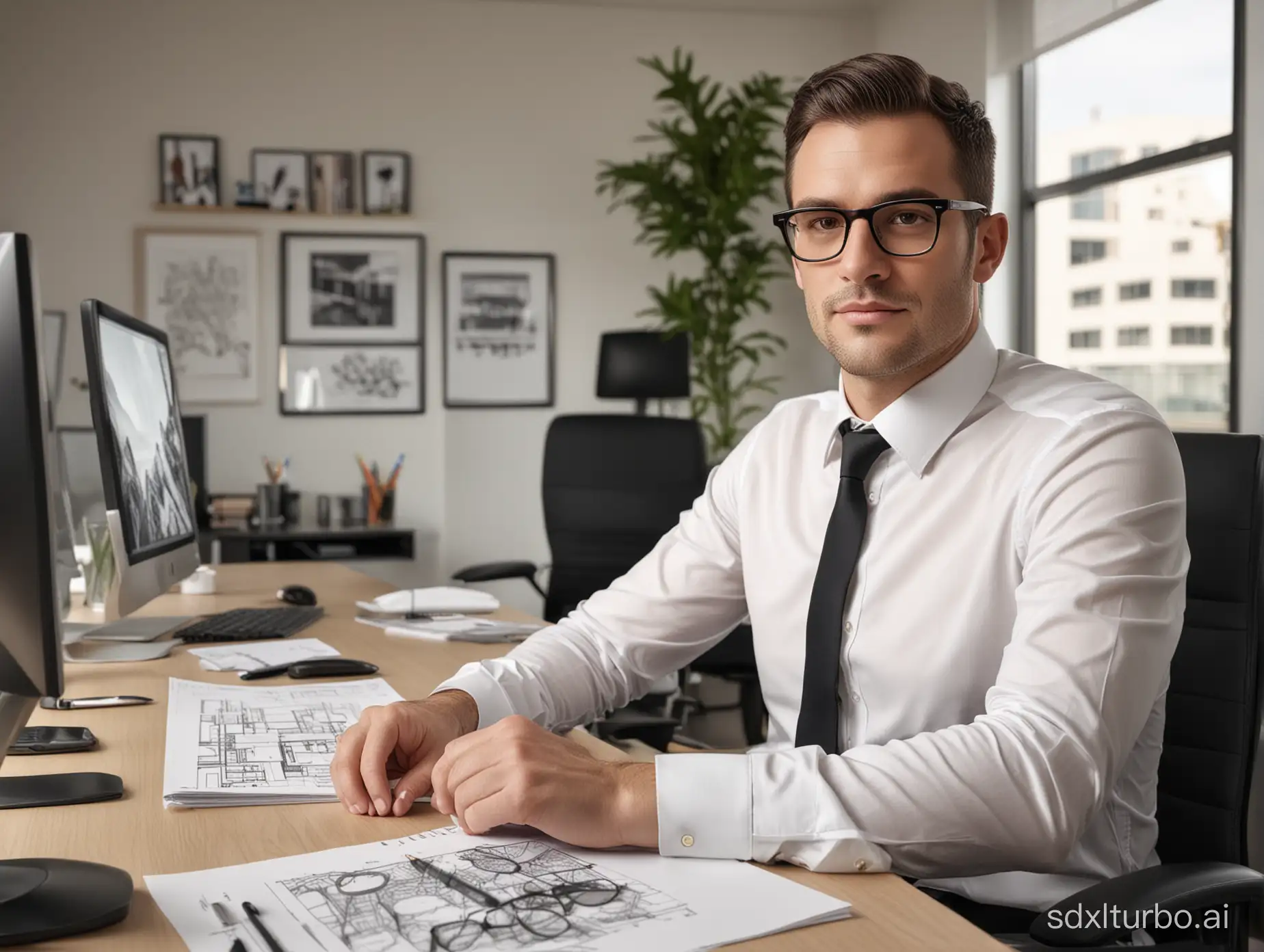 Photography, realistic, current office building, male, wearing glasses, indoor, office desk, computer, sitting in front of the computer, drawing, details, beautiful composition, high-end