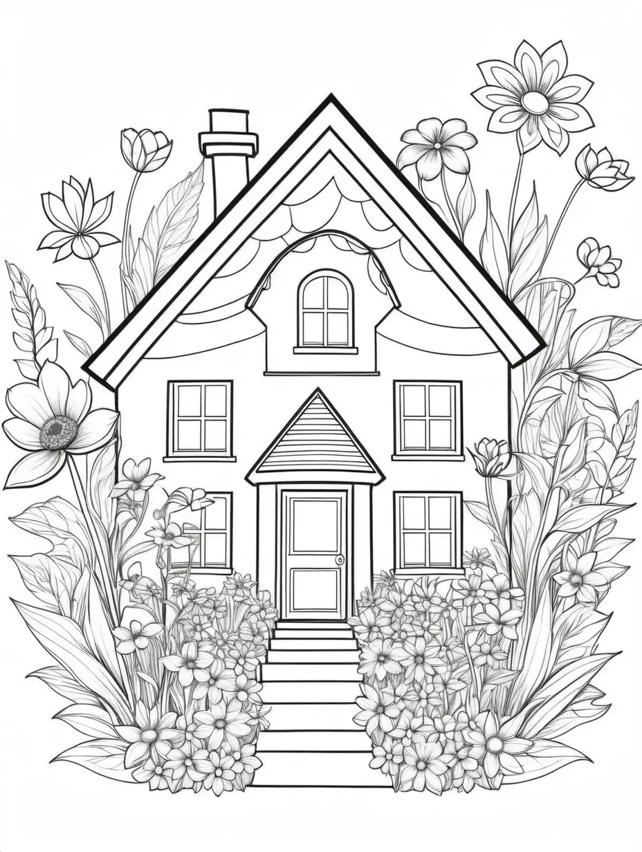 Relaxing Adult Coloring Simple Flower and House Outlines on White Background