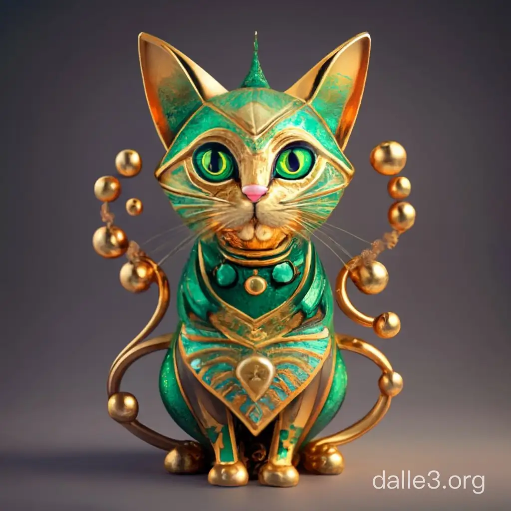 A meticulously crafted portrayal of a fantasy cat, emerald and gold hues. Cosmic gold patterns. Pearly dewdrops, refraction diffraction, asymmetrical polyhedra toys, ornate line tracings, and intricate details. Octane render. A mesmerizing display featuring gold hieroglyphics. —stylize 750 —v 6.