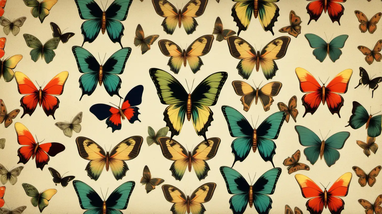 A vintage inspired pattern of butterflies in bright colours, very high resolution