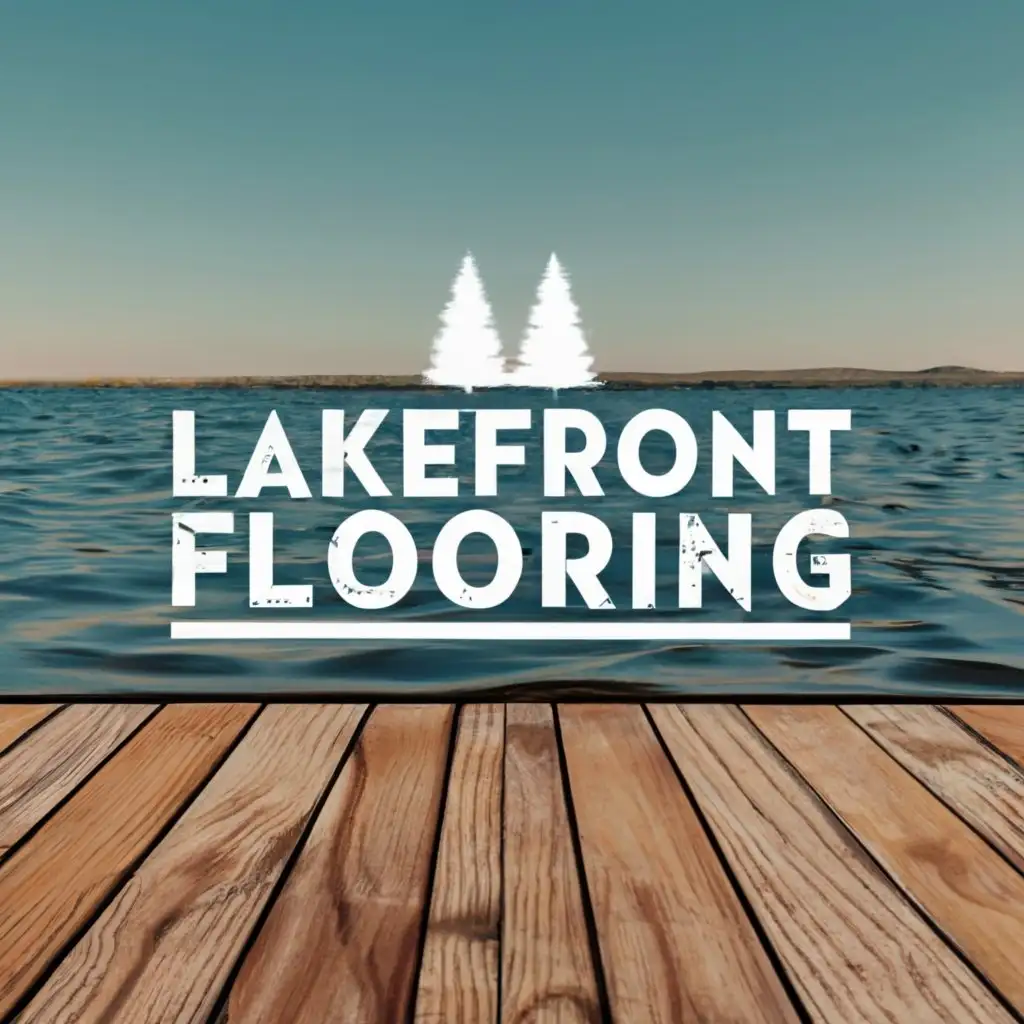 logo, Plank flooring overlooking water, with the text "LakeFront Flooring", typography, be used in Construction industry
