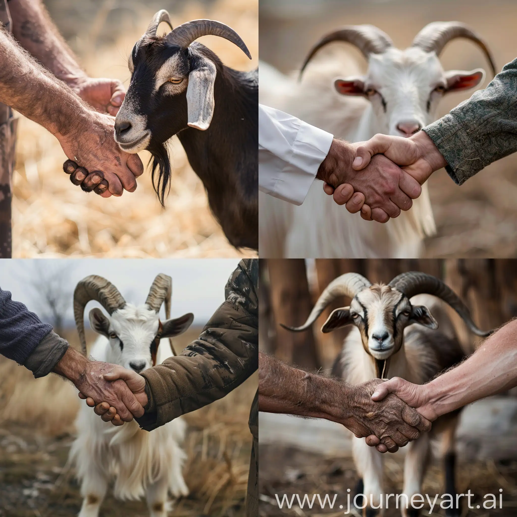 An agreement between the butcher and the goat, shaking hands, calm background,