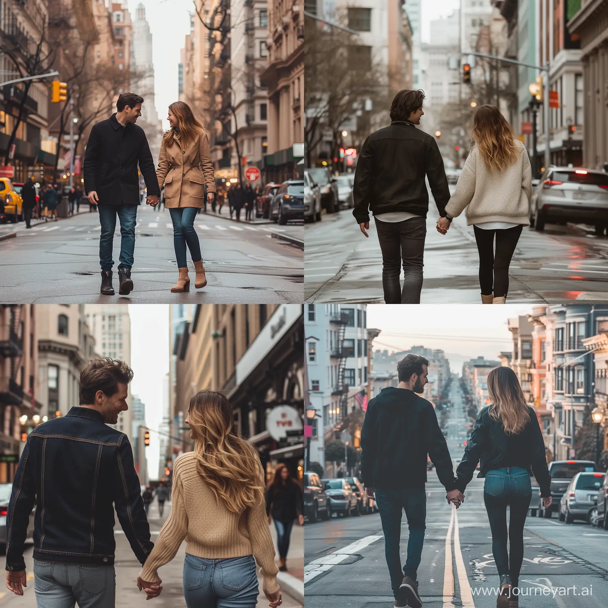 Man and woman holding hands walking down a city street in love with one another