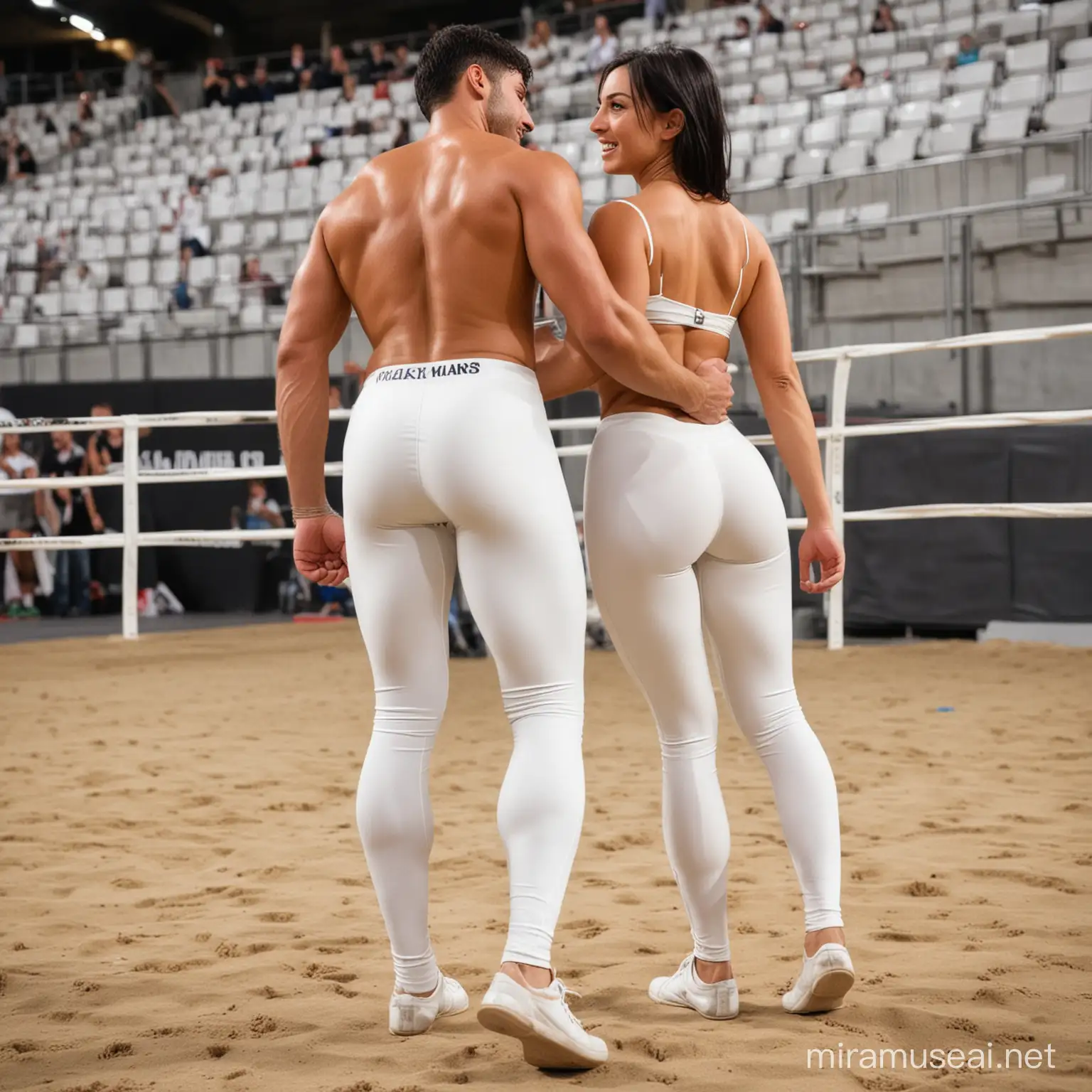  handsome fit shirtless 27 year old Italian wrestler, with tan skin and short black hair,clean shaved,  with well defined buttocks, wearing long white spandex leggings; flirting with woman (in casual outfit) during match, rear view