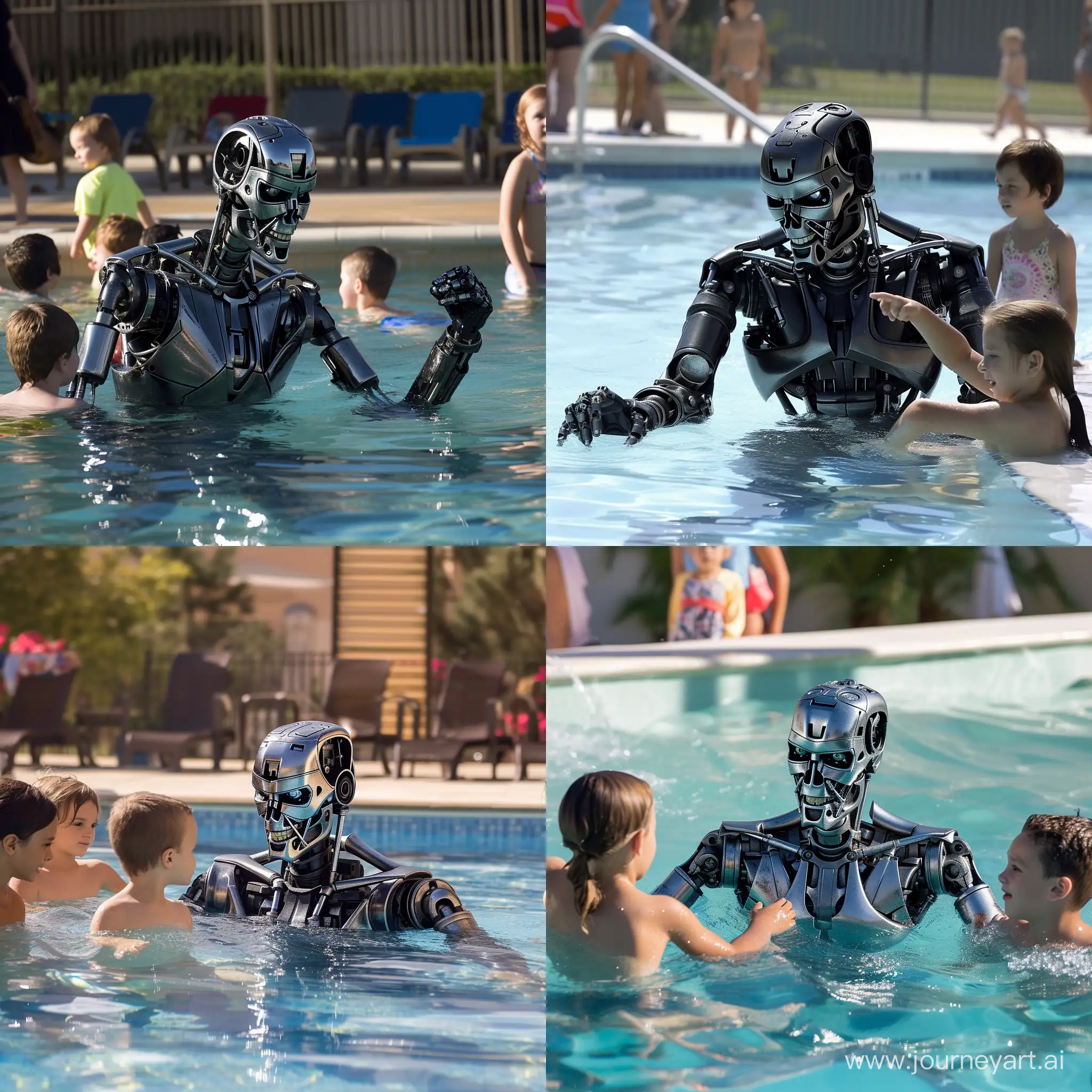 Dystopian-Delight-Terminator-T600-Enjoying-Pool-Time-with-Playful-Children