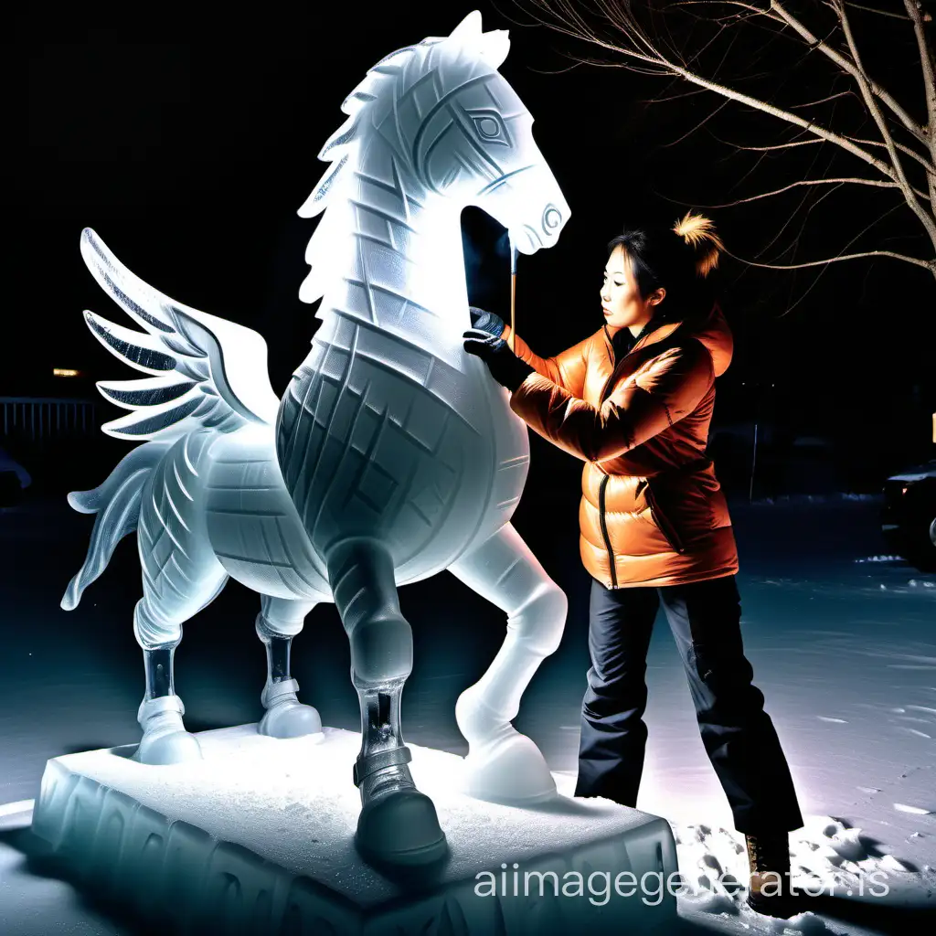 Please create an image of a woman working on making an ice sculpture of a Pegasus about the size of a horse. She is working outdoors on a winter night and is pictured turning around after being called out by the photographer. The Pegasus is partially sculpted from the head to the chest, including the wings and tail, with work underway to carve out the area near the abdomen and hind legs from a block of ice using a chainsaw. The woman has short ponytail hair and large eyes with double eyelids, which are characteristic features of a beautiful Japanese woman. She has a slim, perfect female body with well-defined muscles. She is dressed in a tank top, cargo pants, and work boots. Please create a high-quality, realistic image like the photo.