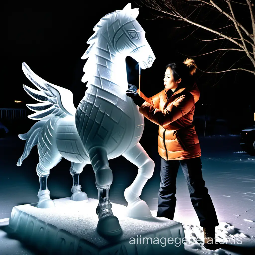 Japanese-Woman-Sculpting-Pegasus-Ice-Sculpture-Outdoors-on-Winter-Night