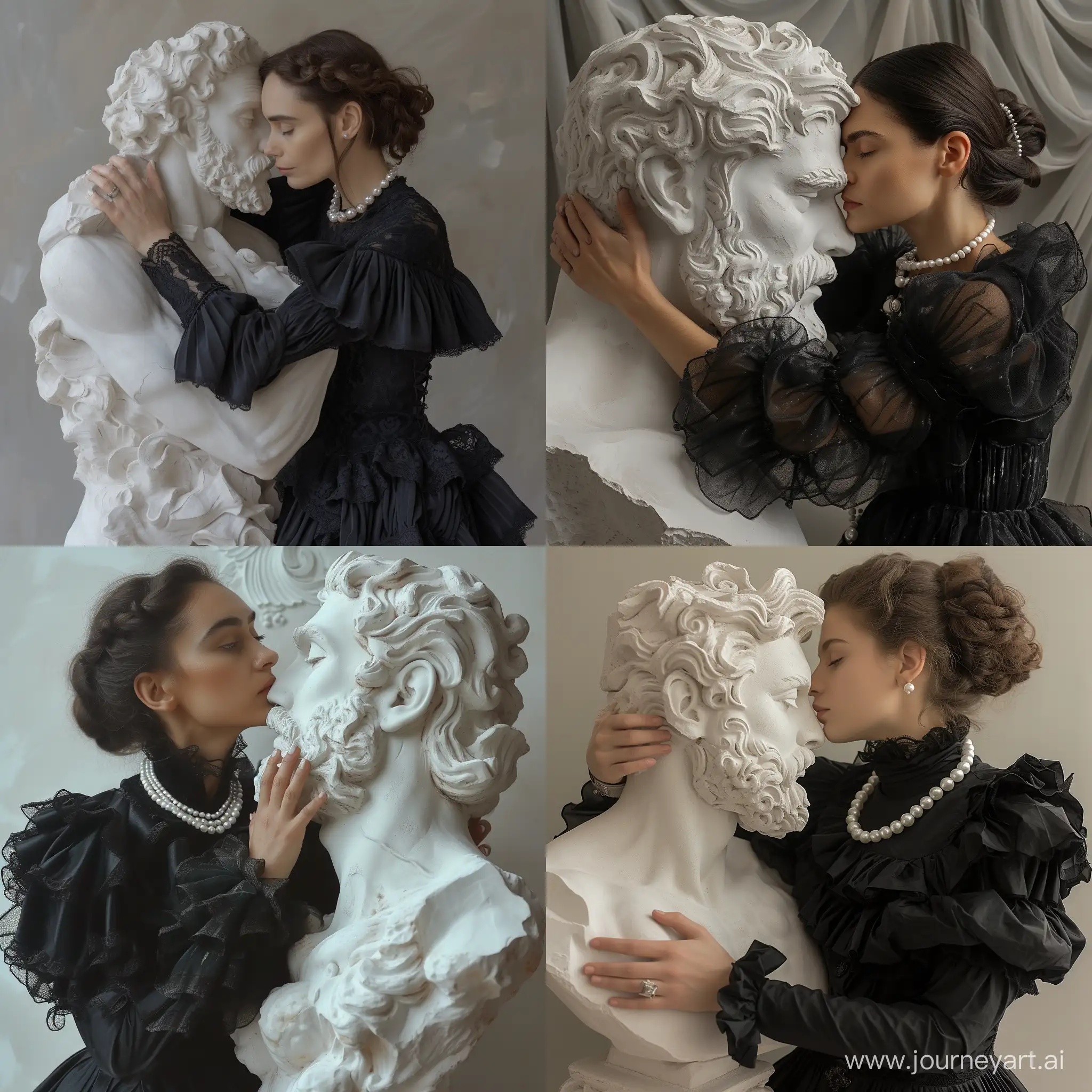 Elegant-Sculptor-Embracing-Surreal-Greek-God-Sculpture-in-Black-Dress