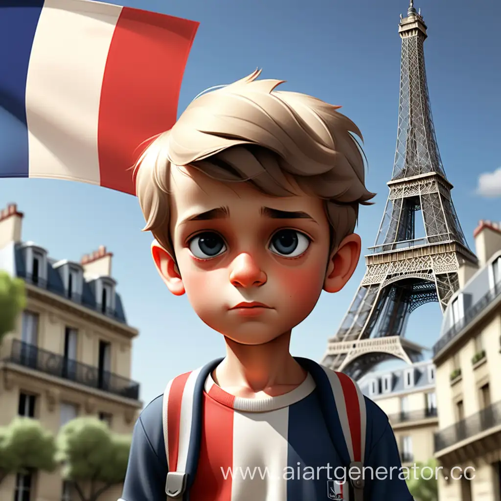 Boy-Admiring-Paris-Skyline-Against-French-Flag-Backdrop