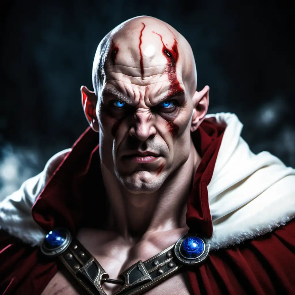 A portrait of a goliath in the world of Dungeons and Dragons, wearing a deep red cloak, deep blue eyes, muscular, masculine, snow-white skin, god-like, collected facial expression, clenched jaw, bald