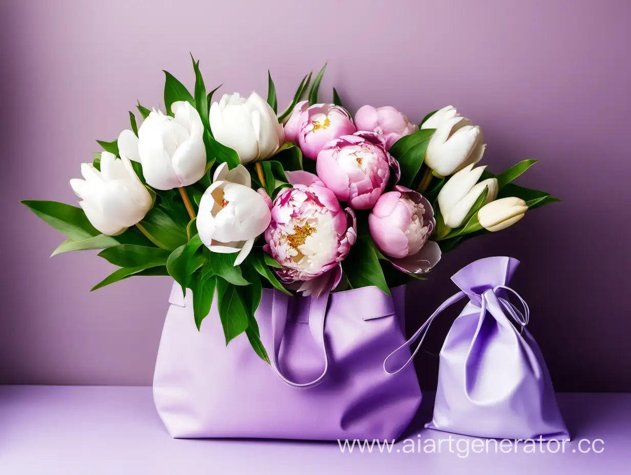 букет розовых пионов с белыми тюльпанами на руке сиреневая сумка 
