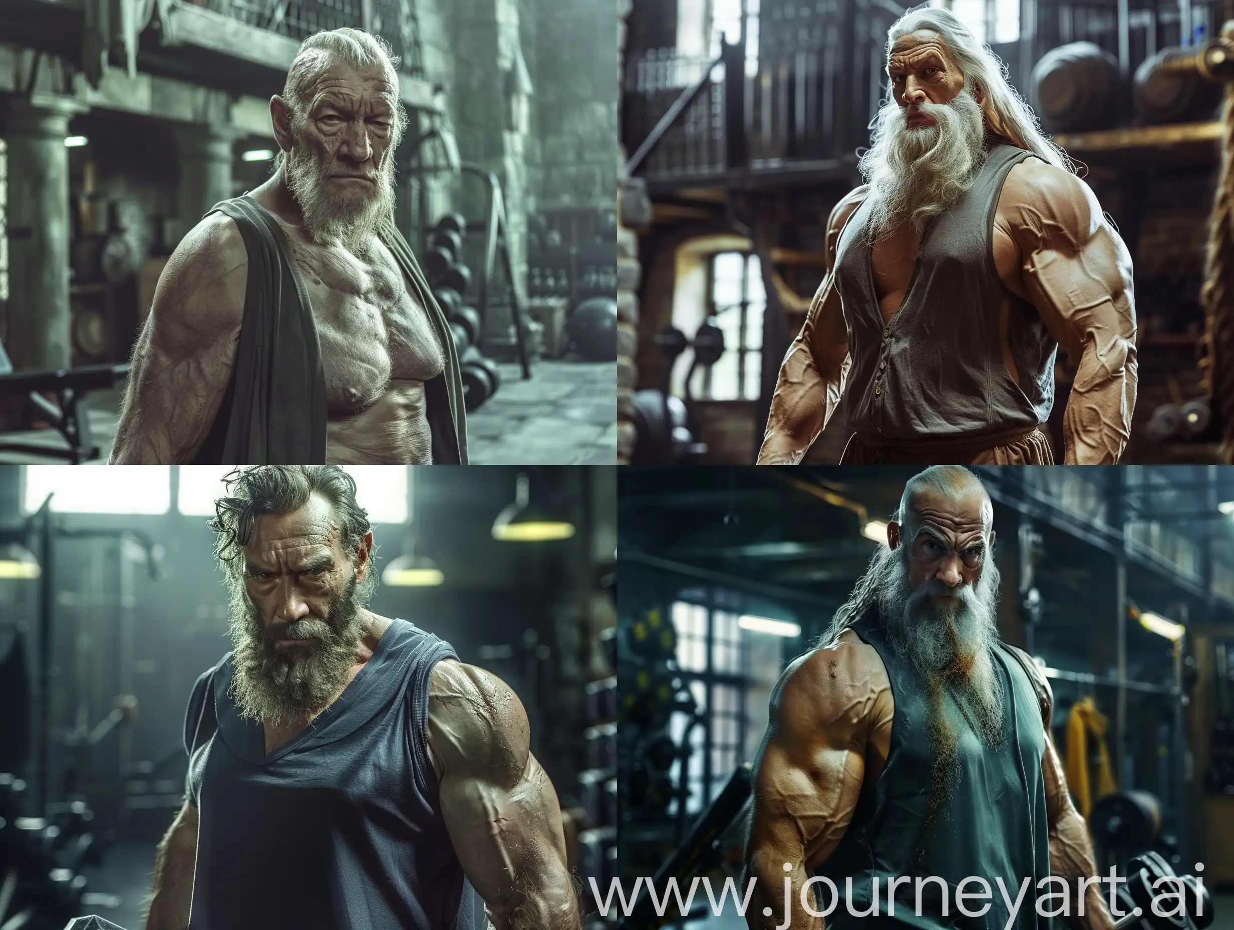 Dumbledore character from Harry Potter movie,
with a fit and muscular body, in Sleeveless shirt sportswear, hailf body, look at the camera, The background of the wizards gym, realistic, cinematic lighting, q2