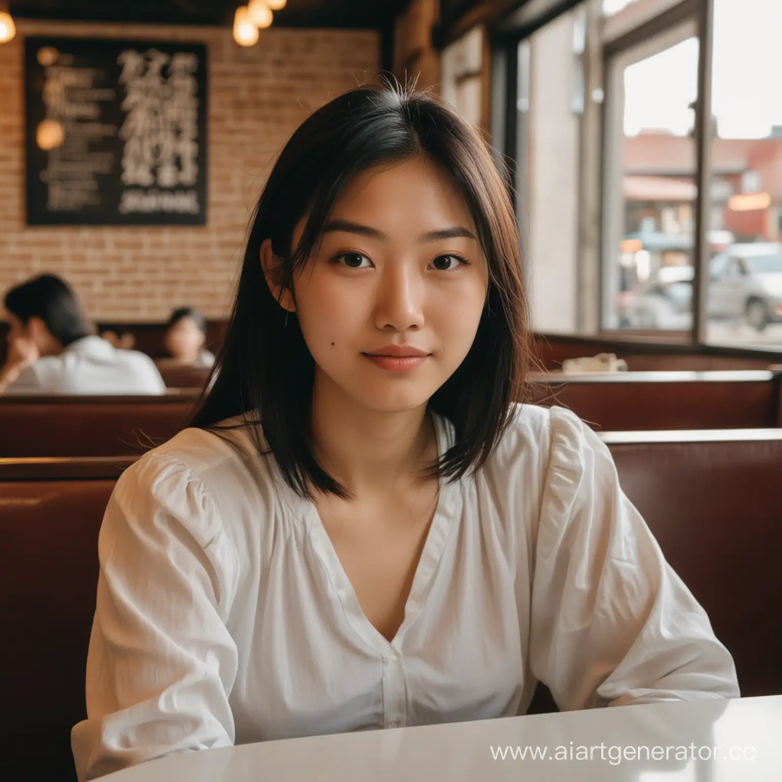 девушка с азиатской внешность сидит за столом в ресторане не смотрит в камеру