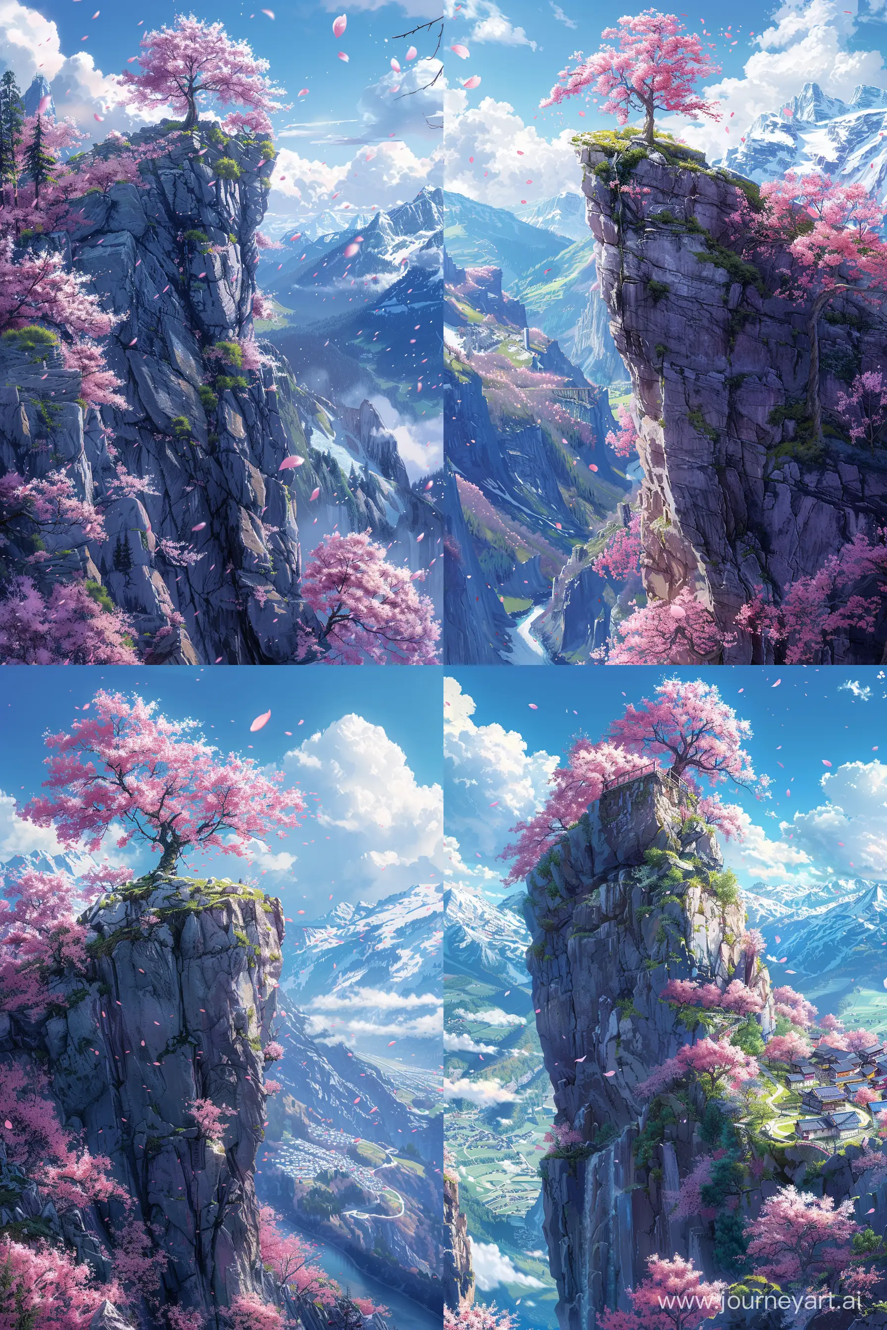 Beautiful anime scenary, mokoto shinkai style
view of rock cliff, cherry blossom tree one top,close up perspective view of cherry blossom, spring comming, beautiful contrast, blue sky, illustration, breeze, Switzerland mountain side view, ultra HD, high quality, smooth details, anime scenary, no hyperrealistic --ar 2:3 --s 400