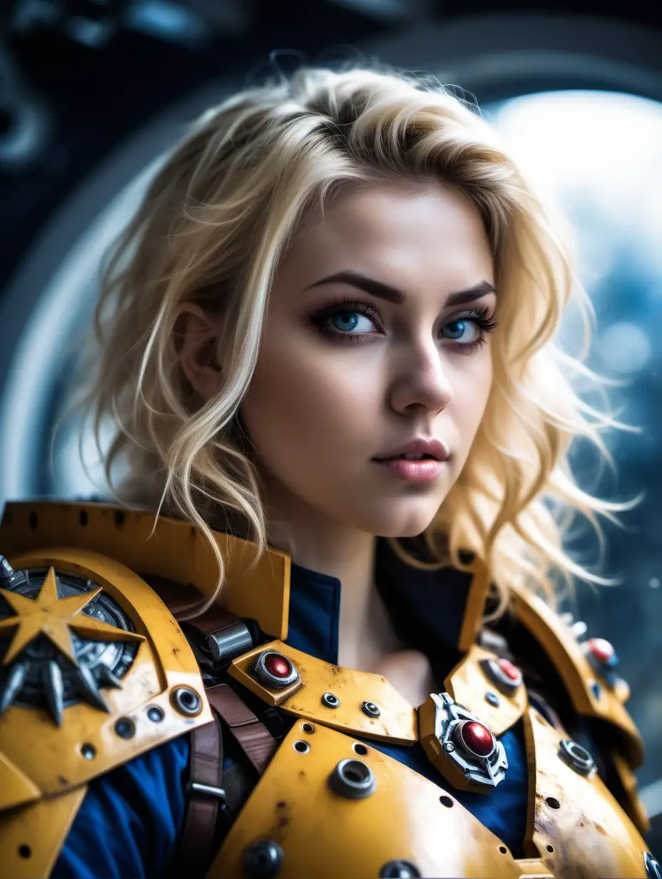 Beautiful Nordic woman, very attractive face, detailed eyes, big breasts, slim body, messy blonde hair, wearing an Warhammer imperial fists space marine cosplay outfit , close up, bokeh background, soft light on face, rim lighting, facing away from camera, looking back over her shoulder, standing in front of a spaceship window, a beautiful galaxy outside, Illustration, very high detail, extra wide photo, full body photo, aerial photo