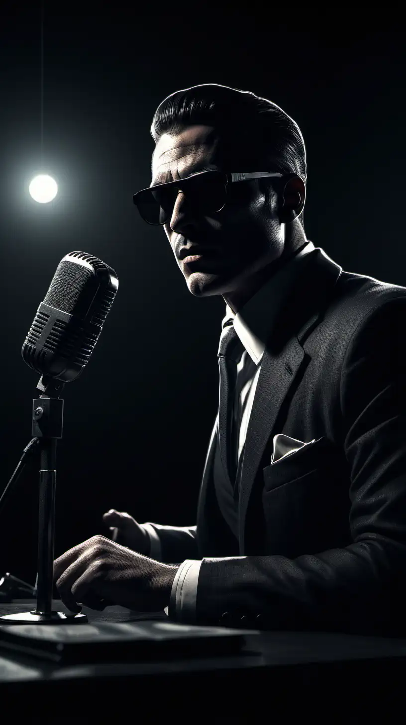 Noir Podcast Host Digital Art illustrating a man in a suit with sunglasses sitting in a dark room in front of a microphone. Creating a scene with a mysterious and cinematic atmosphere, Inspirations from Noir Art, Medium Shot, Cinematic Render, Dramatic Lighting