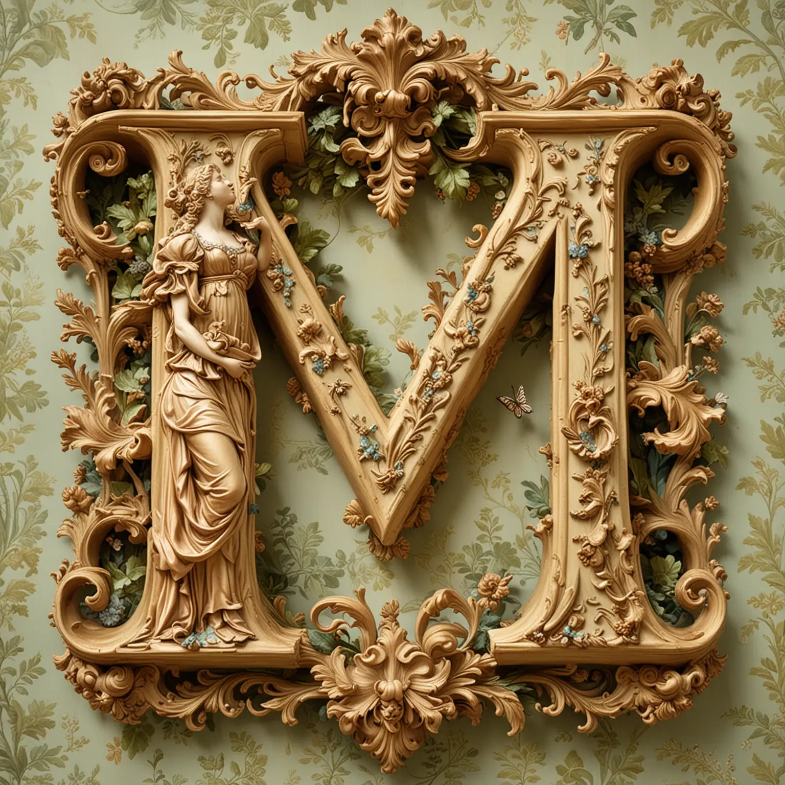 Mother Embracing Letter M in Rococo Style Spring Woods