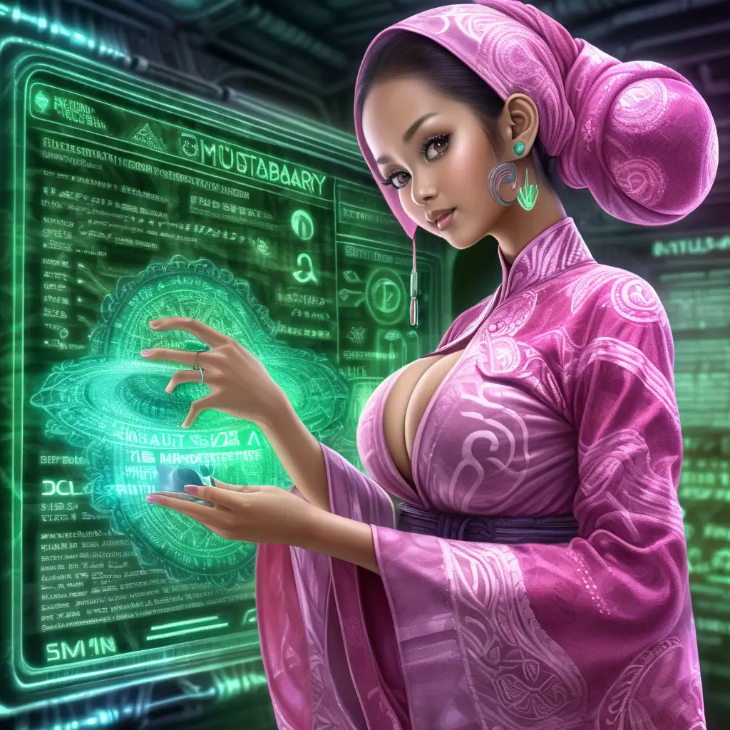 slim beautiful Indonesian woman with cock bun and huge breasts wrapped in energy batik material, touching a screen with mystical green text, AI materialising, transparent pink electronic goo, dim, slight pink, spaceship laboratory, 