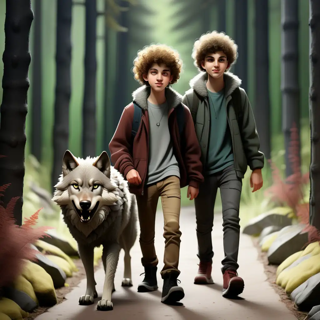 CurlyHaired Teen and Wolf Walking Along Forest Path