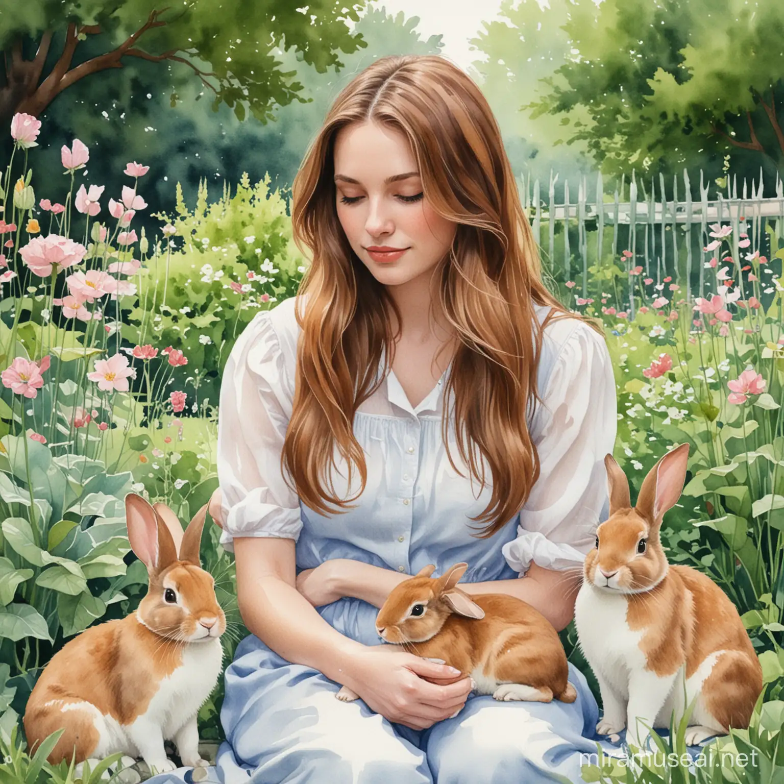 A watercolor painting of a female with mid long brown hair. Sitting alone with two bunnies in a beautiful garden.