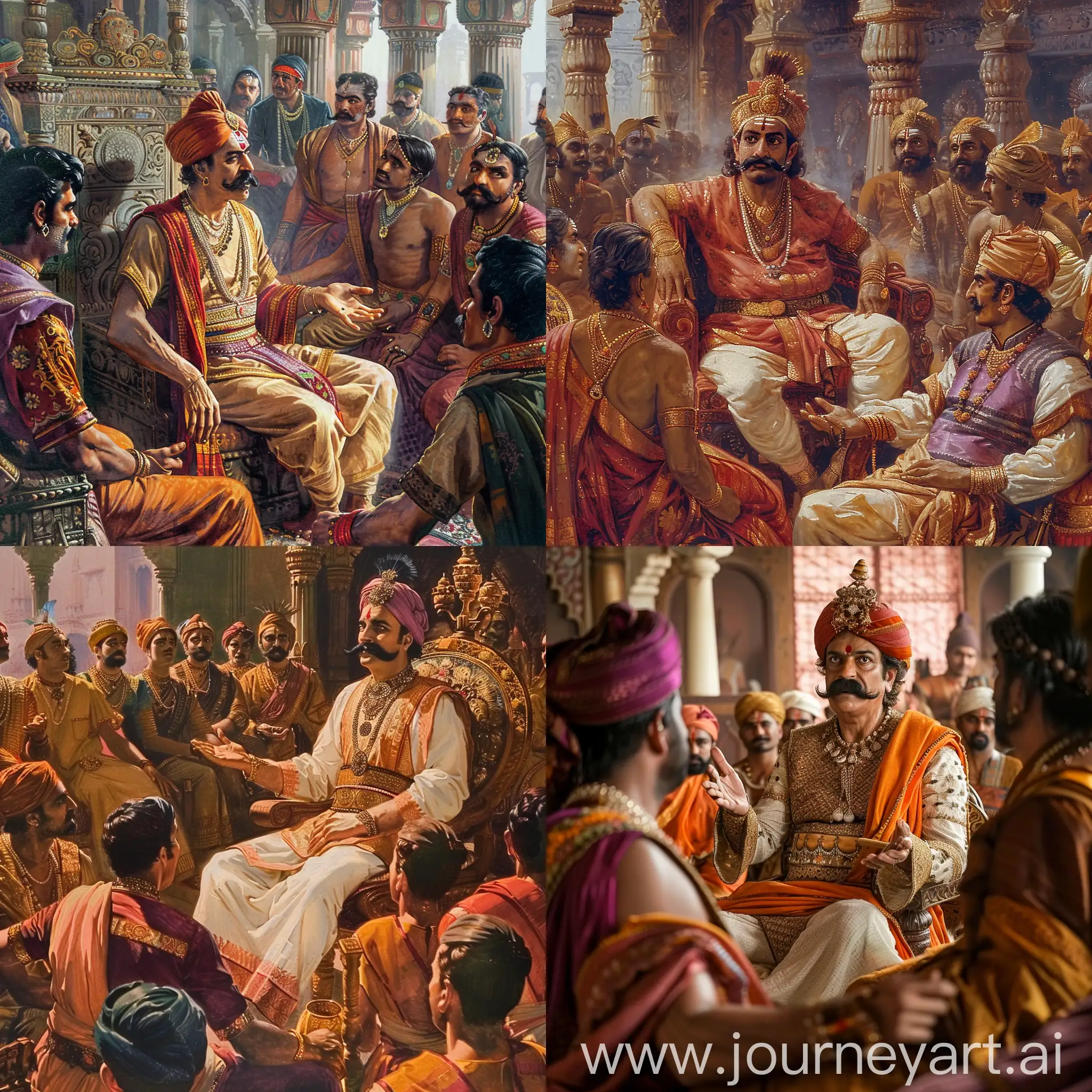 Rajput king with moustache and beard, middle aged, sitting on the throne in his court and asking something to one of the courtiers who also is replying. there are a dozen courtiers in the room