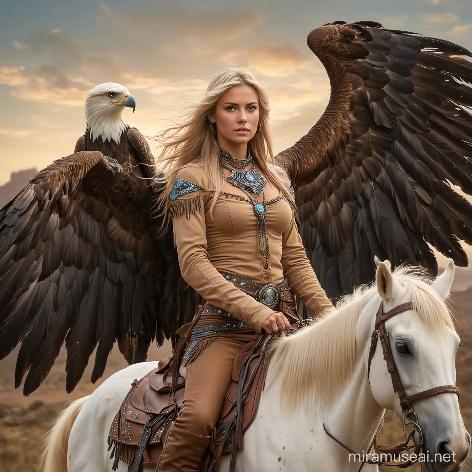 Hermosa vaquera cabellos rubios y ojos azules a caballo, lleva grandes alas largas que le salen de la espalda, y junto a ella va encadenado un guerrero apache alto musculoso guapo de cabellos negros largos y grandes alas de aguila 