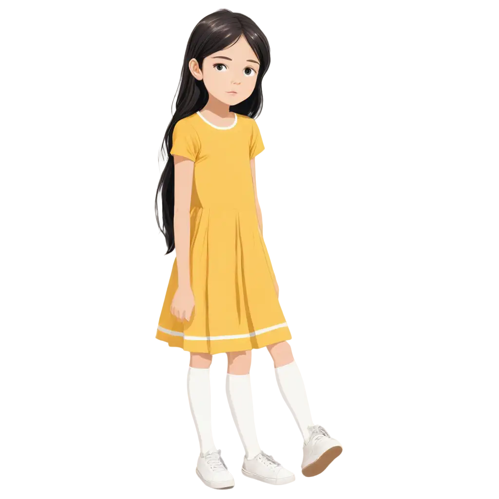 Vector image, a cute character of little girl with white skin, big hazel eyes and long black hair. She is around 13 years old. She is wearing a yellow dress. Add white tall socks and white shoes.  she is sad. She is crying and upset. 
